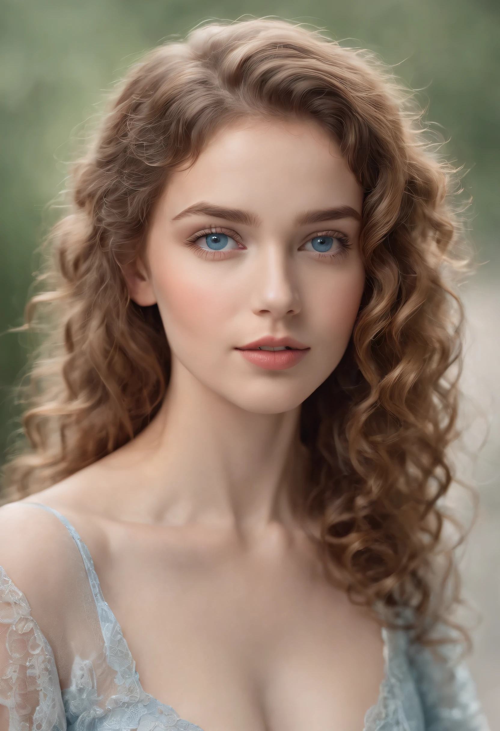 "Full body portrait of a charming girl with curly hair, petite figure, beautiful face, captivating blue eyes, and modest large bust size, showcasing her natural beauty."