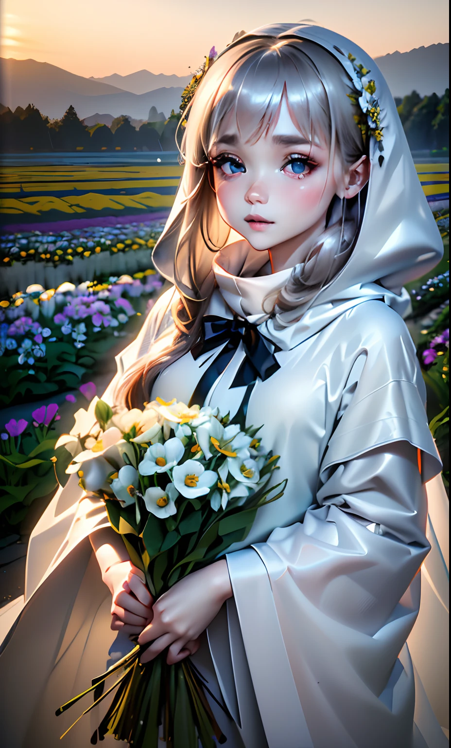 (​masterpiece:1.2、top-quality)、nffsw、intricate detailes、1girl in、albino、Light brown eyes、beautiful brown long-haired、Silky straight hair、Twilight Look、Long gray poncho、(((plein air、flower  field、colorful flower々)))、Natural light、Pale lighting