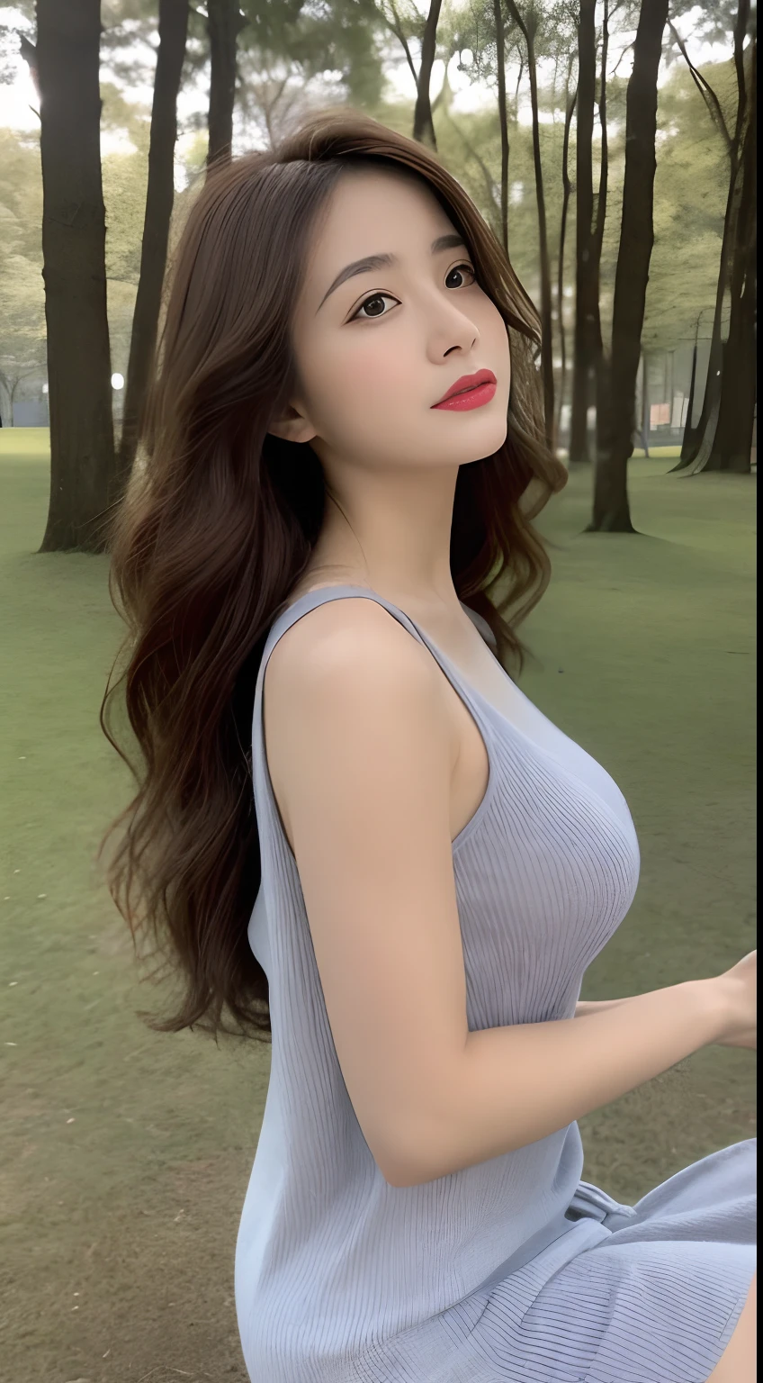 (In the daytime, nood, 8K, tmasterpiece:1.3)), full body Esbian, Long legs, Focalors:1.2, Perfect figure beautiful woman:1.4, Slim abs:1.1, ((dark brown hair, large tities:1.2 )), (shift dresses,,seat:1.2,), ((City Forest Park,seat :1.3)), Highly detailed facial and skin texture, A detailed eye, 二重まぶた,Flying long hair