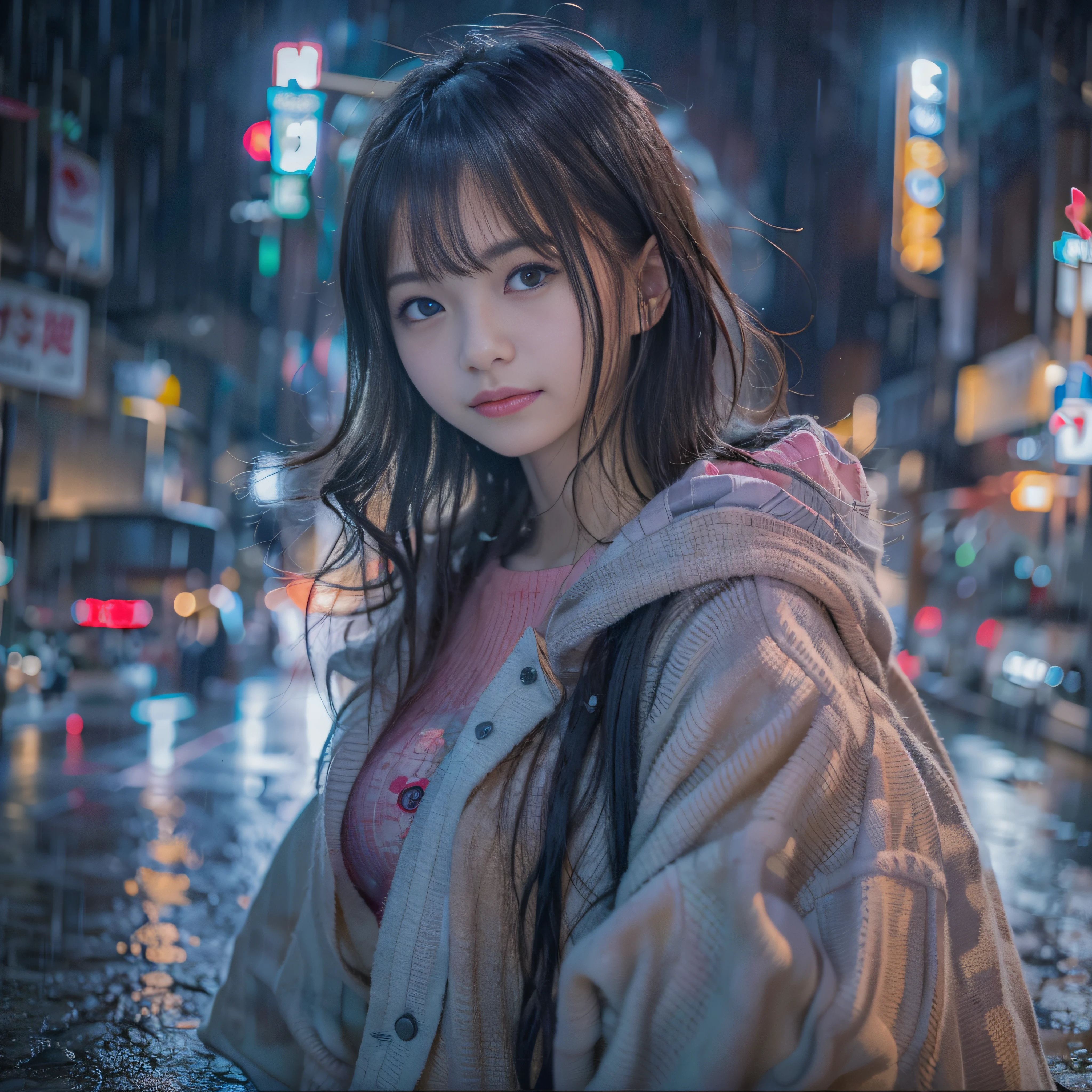 女の子1人、on tokyo street、A city scape、night cityscape、Neon Street、Rain at night、Rain-drenched body、The upper part of the body、a closeup、A smile、、(8K、Raw photography、top-quality、masterpiece:1.2)、(realisitic、photoRealstic:1.37)、Highly detailed eyelash drawing、(((Top image quality))),Colossal tits、Fine skin, (Beautiful hair), (Perfect Anatomy), (Realistic), (Dynamic Angle), Pose Seductive,Perfect,Sensual look、top-quality、hight resolution、
