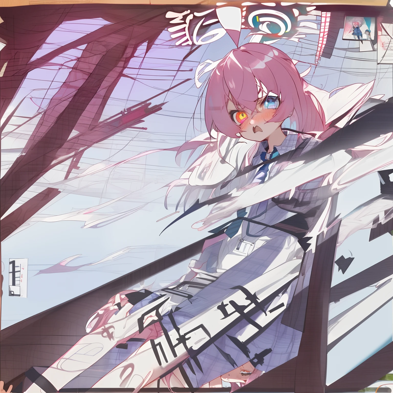 1girl, hoshino (blue archive), solo, heterochromia, pink hair, skirt, long hair, necktie, ahoge, shirt, halo, plaid skirt, blue eyes, plaid, looking at viewer, white shirt, lie down, orange eyes, chest harness, harness, long sleeves, id card, angry, angry expression, very long hair, collared shirt, blue necktie, bangs, feet out of frame, between legs, hand between legs, blush, hair between eyes, highres,masterpiece, best quality