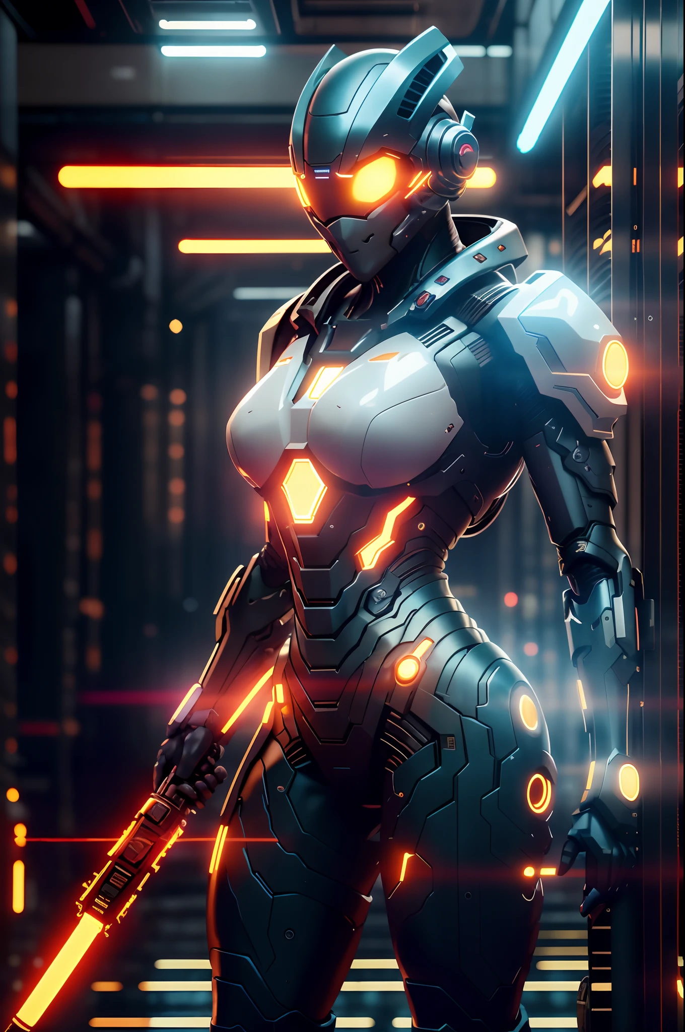 dystopic, [scientific fiction], Foto colorida RAW de alto detalhe, Tiro completo, frontal angle, (((Beautiful female arterial intelligence, vestindo chemise preto transparente))), ao ar livre, voando, in sky, olhando para o horizonte da cidade cyberpunk espraiado), toned physique, bunda grande, (pale skinned), Cyberpunk technological helmet and visor, (Cybernetic Implants in the Right Arm:1.2), roupa preta. Holding a laser sword in your hand, (Aumenta), (ciborgue:1.1), (pele detalhada, poros difusos da pele), silicone, metal, (altamente detalhado, detalhes finos, intrincado), (Reflexo da lente:0.5), (florescer:0.5), smog, poeira, (Badlands:0.8), (observitório:0.7), ray tracing, specular illumination, profundidade de campo rasa, fotografado em uma lente Sony Alpha 1, SE 85 mm, F/2.8, Rigid focus, filme liso, cinematic still, [Cyberpunk:Orweliano:12]