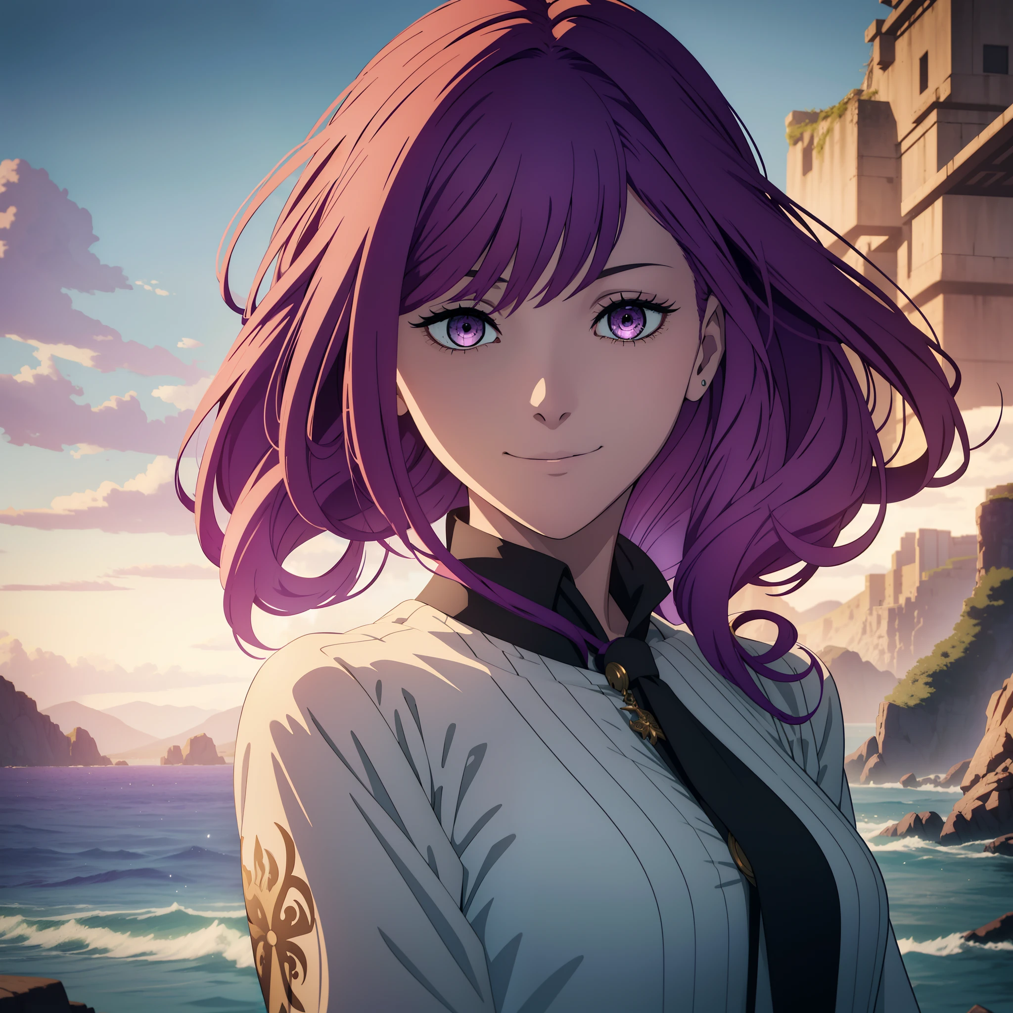 1girl, pirate gir, gorgeous hair in long purple, smile, sea, noble clothes, white dress, ((masterpiece)), ((best quality)), ((high detailed illustration)), ((high detailed background)), ((hi-res)), ((4k resolution))