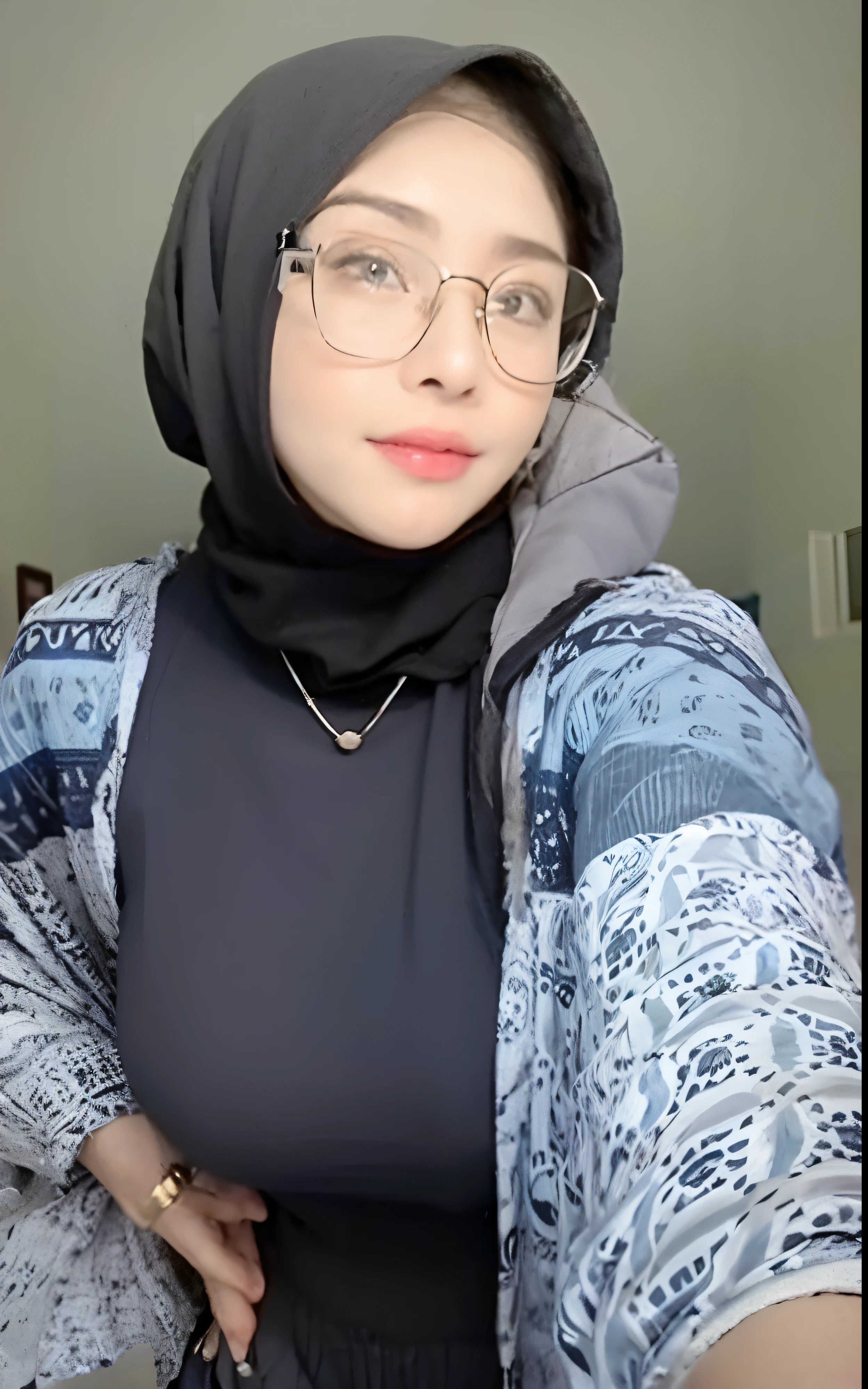 muslim woman wearing glasses and a blue scarf taking a selfie, with square glasses, hijab, with accurate face, she has a cute face, tiktok video, with glasses, instagram picture, thick glasses, she is facing the camera, ☁🌪🌙👩🏾, attractive girl, low quality video, wearing square glasses, her wardrobe is attractive, with glasses on