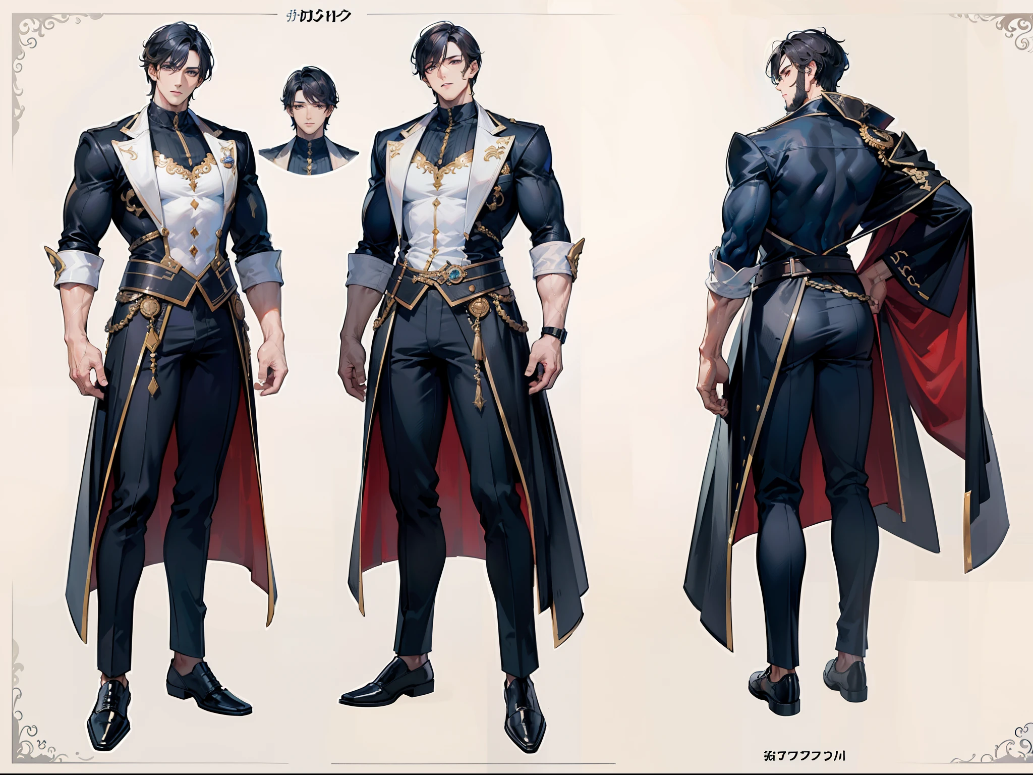 ((Masterpiece, Highest quality)), Detailed face, character design sheet, full bodyesbian, Full of details, frontal body view, back body view, Highly detailed, Depth, Many parts, Muscle boy with black hair,handsome man, muscle body, white outfit male gods, man tall