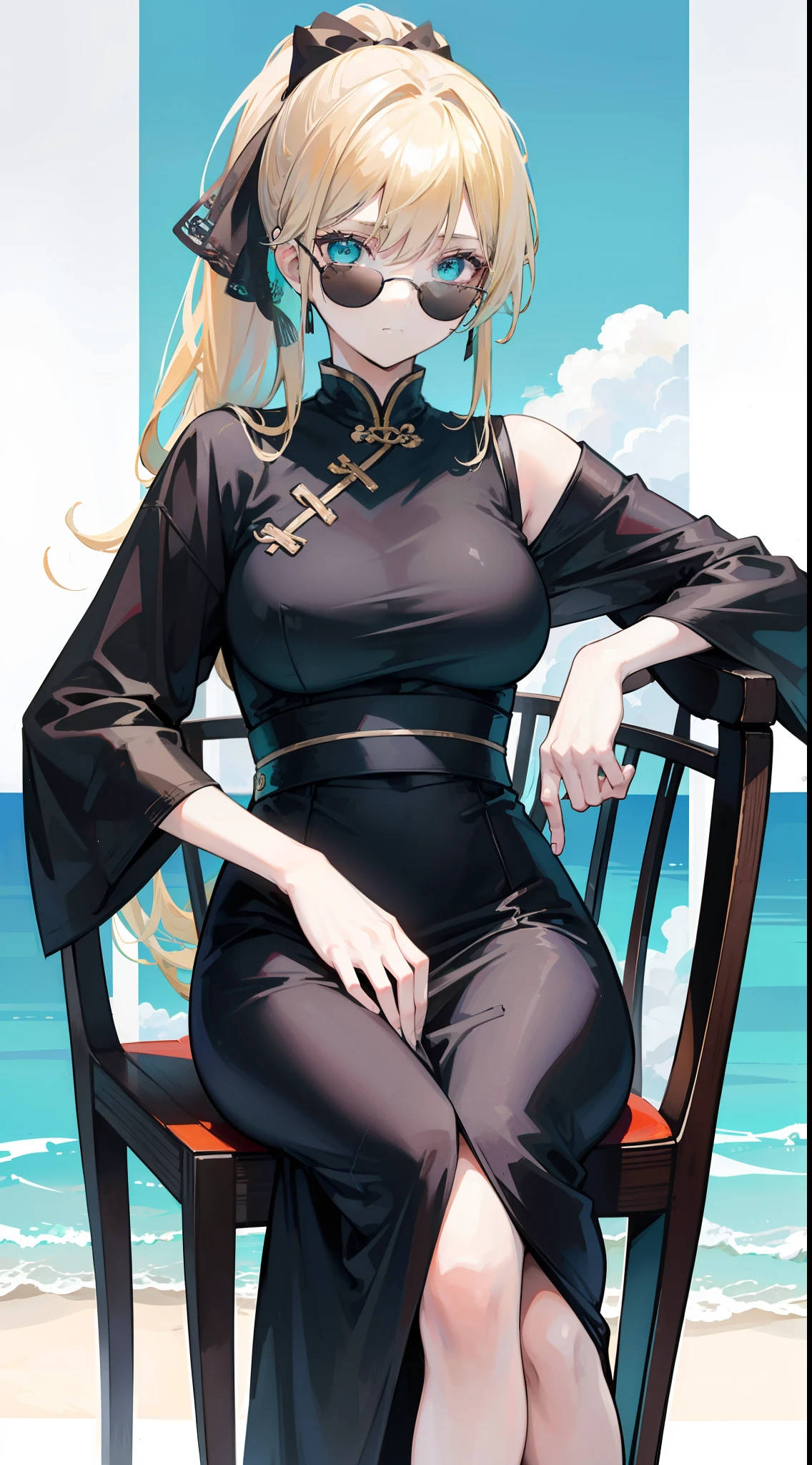 An 18-year-old woman with blond hair and turquoise eyes, a ponytail tied in a black ribbon at the back, wearing sunglasses, wearing a Chinese dress, sitting on a chair under the blue sky.