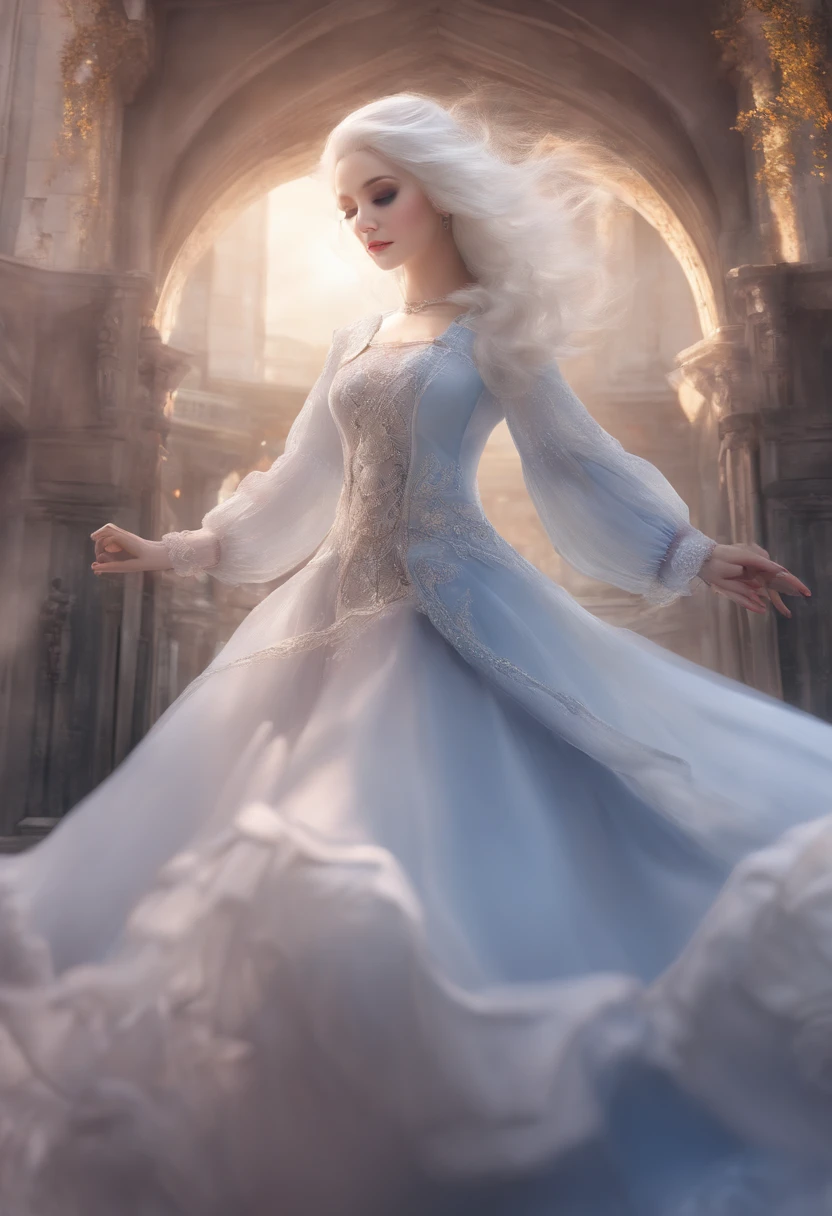 (1girll),Gothic,double tails,White hair, Organza lace,Gorgeous and fussy clothes,Gothic, Flying, Blue, (Colorful), Bold strokes, Gradient blending, Motion blur, Sparkling textures, Dynamic composition, Atmospheric perspective, impressionistic, , (Masterpiece), (Best quality), Amazing, (Beautiful detailed eyes), (finedetail), Depth of field, Extremely detailed CG, Original, extremelydetailedwallpaper, (Vivid colors), Cinematic lighting,  (Colorful), Blush,