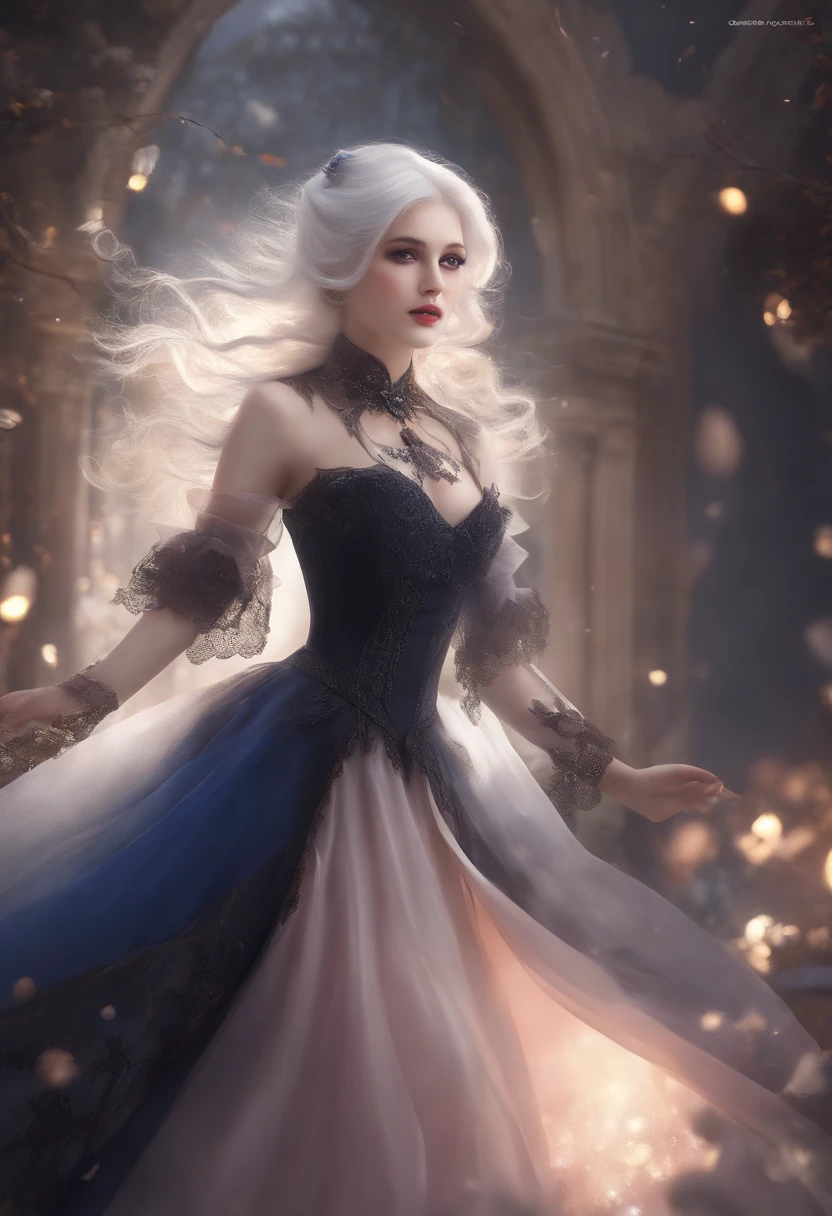 (1girll),Gothic,double tails,White hair, Organza lace,Gorgeous and fussy clothes,Gothic, Flying, Blue, (Colorful), Bold strokes, Gradient blending, Motion blur, Sparkling textures, Dynamic composition, Atmospheric perspective, impressionistic, , (Masterpiece), (Best quality), Amazing, (Beautiful detailed eyes), (finedetail), Depth of field, Extremely detailed CG, Original, extremelydetailedwallpaper, (Vivid colors), Cinematic lighting,  (Colorful), Blush,