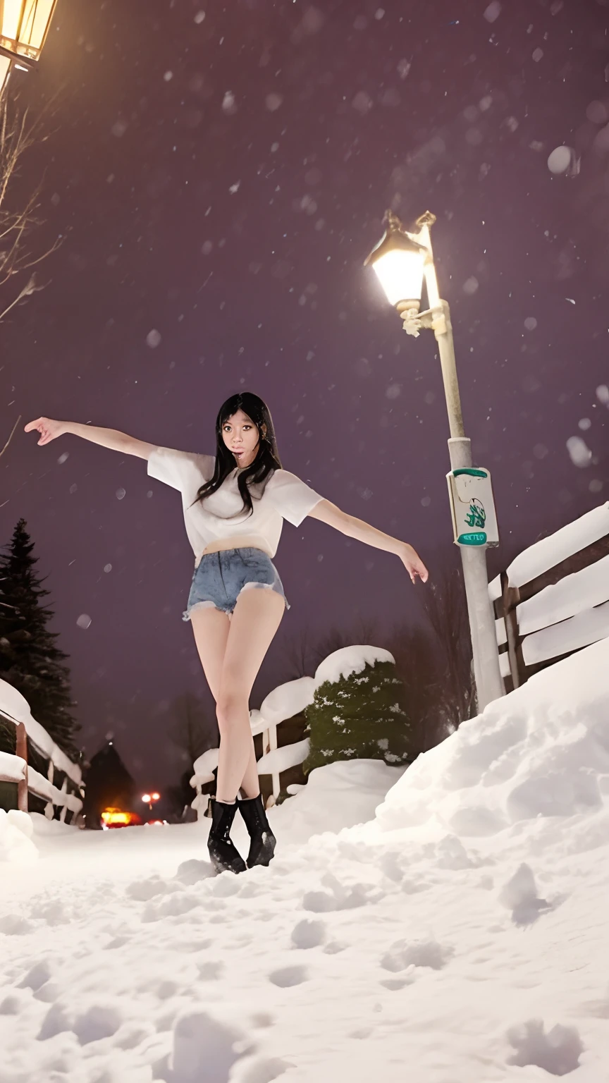 A Japanese Lady、beauitful face、Long black hair、short sleeved shirt、Micro shorts、boots、beauty legs、Raw feet、Tall、long legged、Oyuki、snow blowing、snow cover、Night view