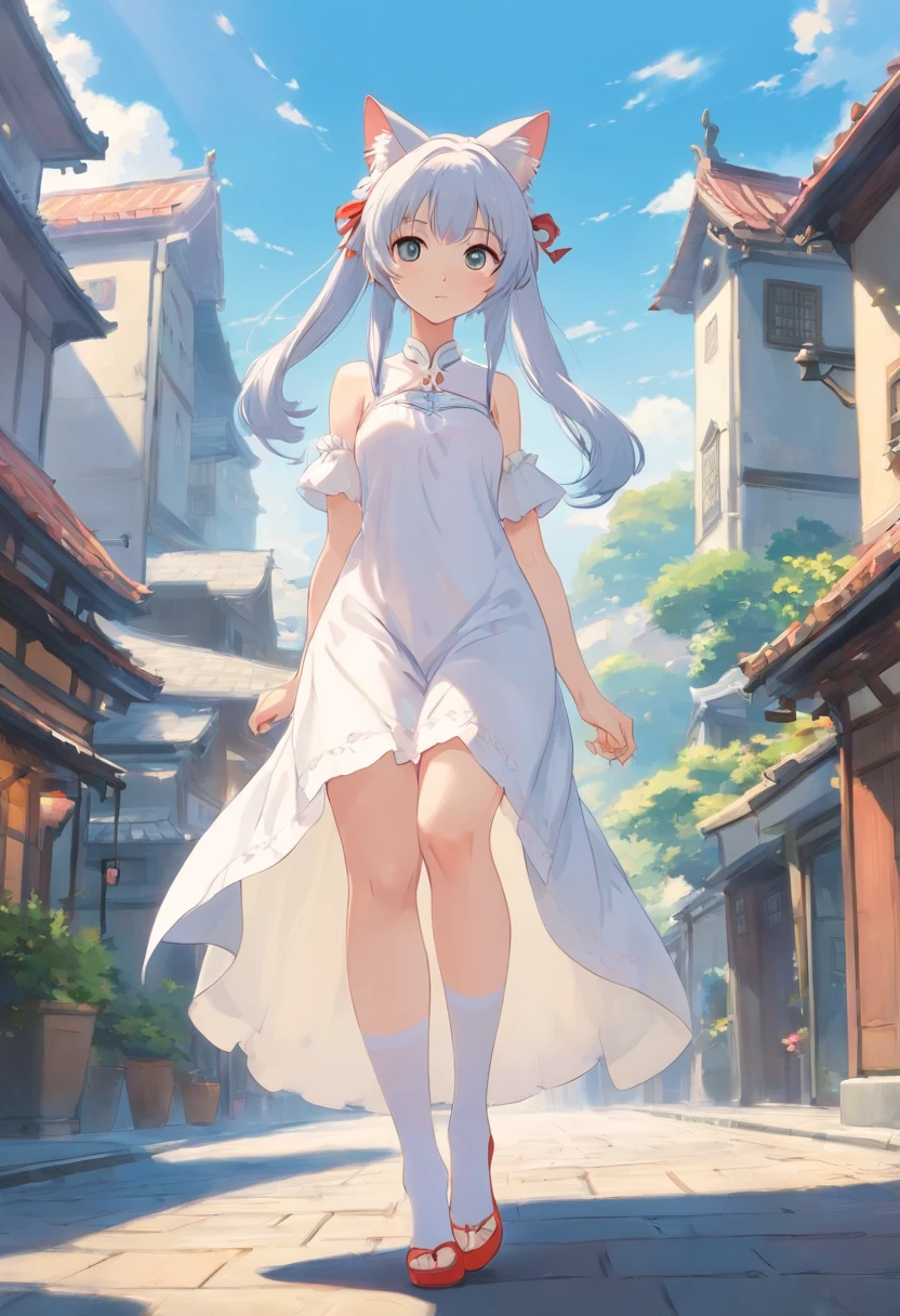 No shoes,Stand barefoot,Masterpiece,Extremely tall maiden,A giantess,Huge maiden,In the city,Full limbs,The face is delicate,White double ponytail,White eyes,White ta,Long-range shots,white stockings,There are cat ears on the head, white dresses, cute big breasts,Chopstick legs,Slender calves,Slender calves,High volume