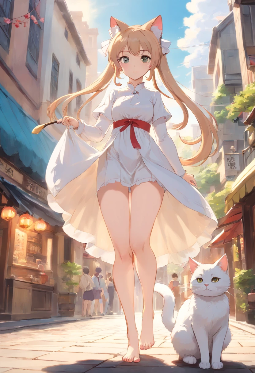 No shoes，Stand barefoot，Masterpiece，Extremely tall maiden，A giantess，Huge maiden，In the city，Full limbs，The face is delicate，White double ponytail，White eyes，White Lolita，Long-range shots，white stockings，There are cat ears on the head, white dresses， cute big breasts，Chopstick legs，Slender calves，Slender calves，High volume