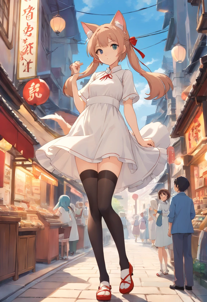 No shoes,Stand barefoot,Masterpiece,Extremely tall maiden,A giantess,Huge maiden,In the city,Full limbs,The face is delicate,White double ponytail,White eyes,White Lolita,Long-range shots,white stockings,There are cat ears on the head, white dresses, cute big breasts,Chopstick legs,Slender calves,Slender calves,High volume