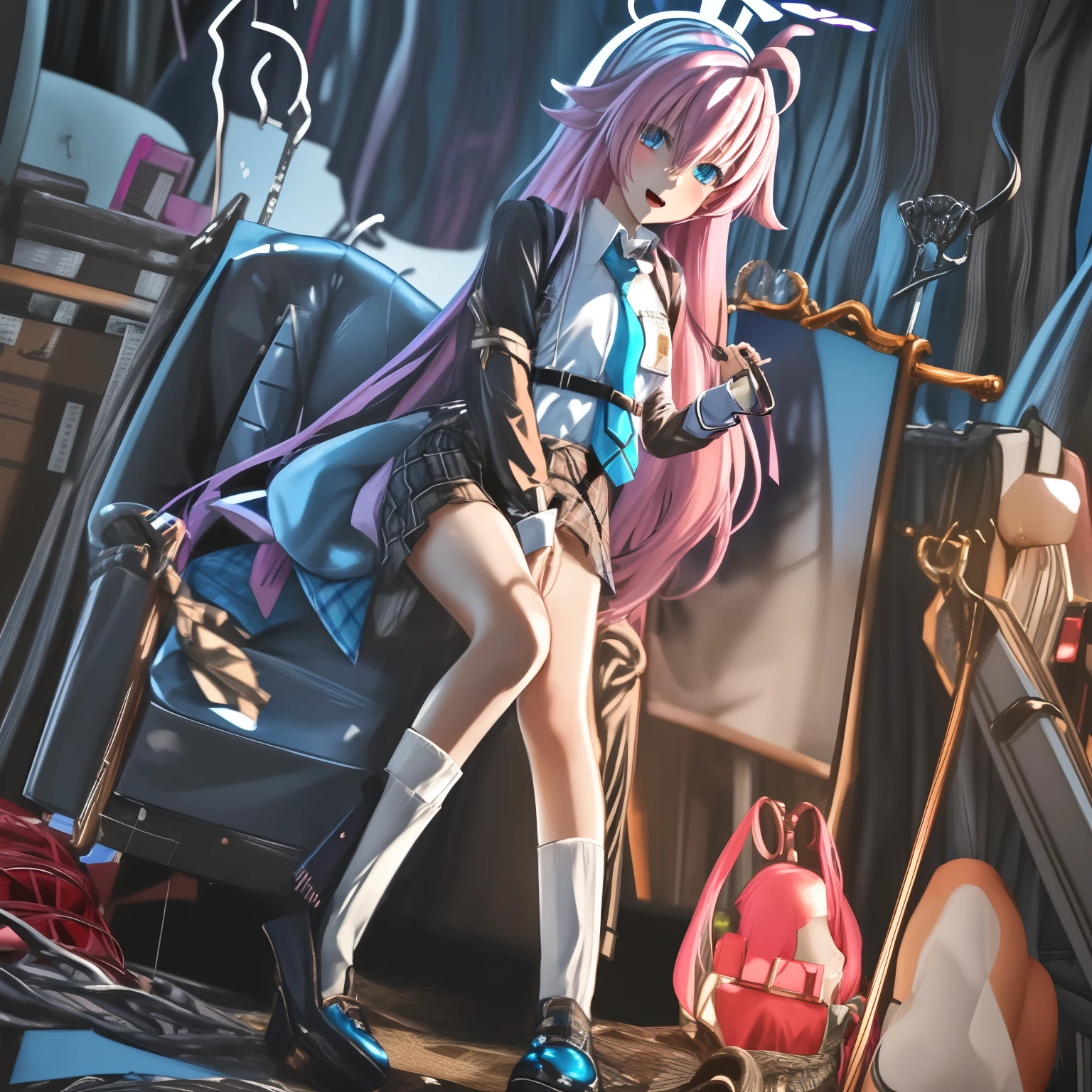 1girl, hoshino (blue archive), solo, heterochromia, pink hair, skirt, long hair, necktie, ahoge, shirt, halo, plaid skirt, blue eyes, plaid, looking at viewer, white shirt, sitting, orange eyes, chest harness, harness, long sleeves, id card, open mouth, very long hair, collared shirt, smile, blue necktie, bangs, feet out of frame, between legs, hand between legs, blush, hair between eyes, highres,masterpiece, best quality