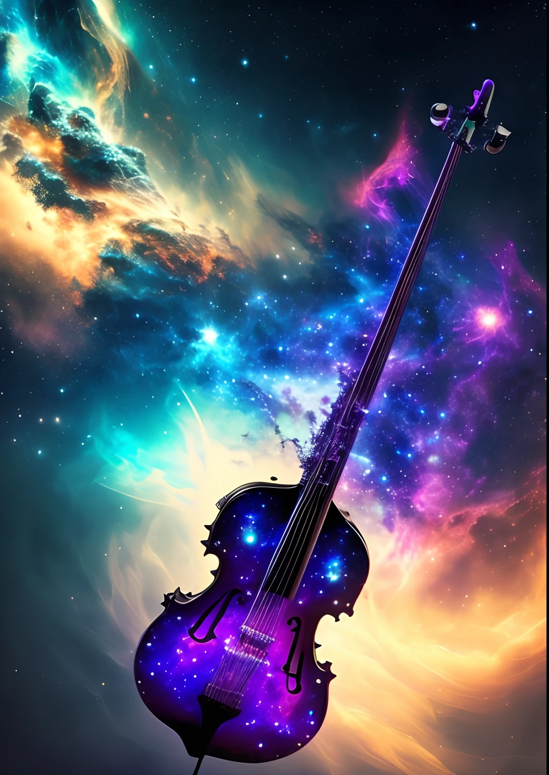 dreamlikeart, galaxy, outer space, nebula, star, [cyberpunked] Three string fiddle from the stars (star:1.5),