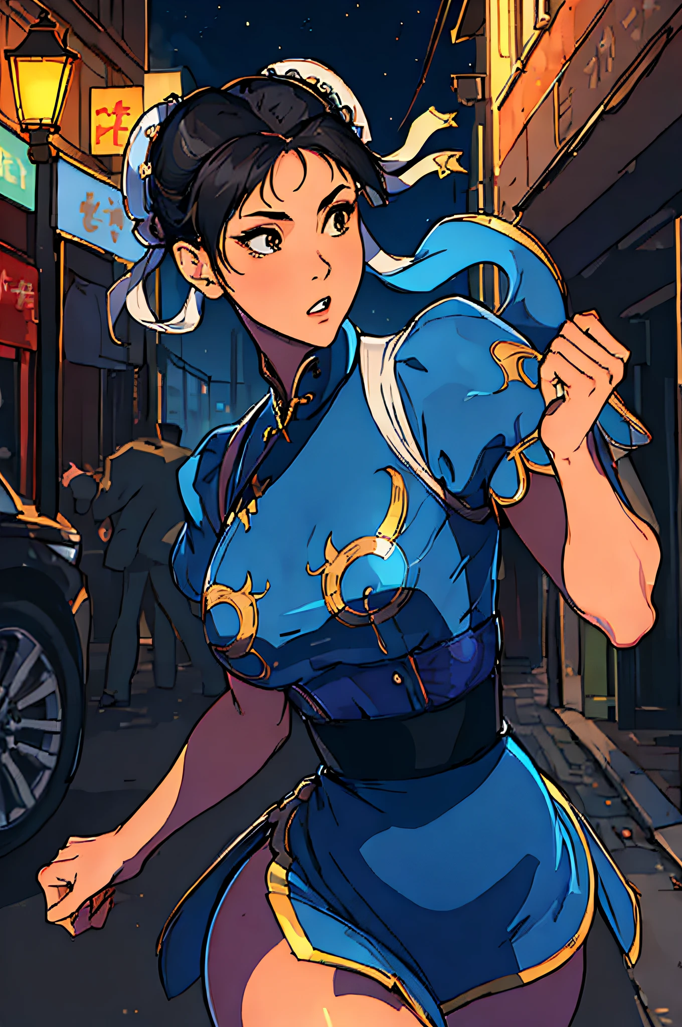 ((masterpiece,best qualtiy)),1girl,solo,ChunLi,upper body,beautiful night street background