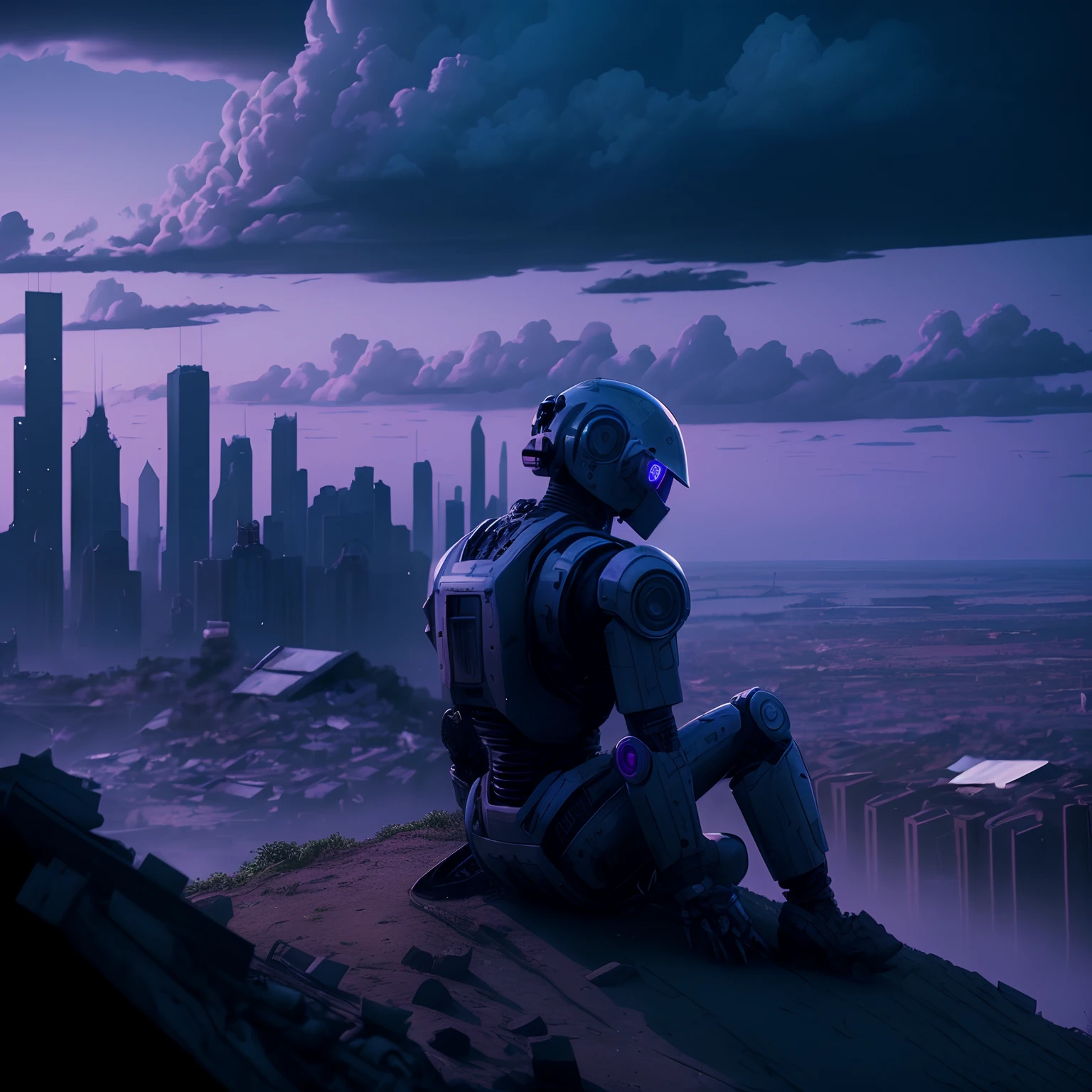 a very sad robot, melancholy, crying, tears, head hanging down, on a hill overlooking a destroyed dystopian city, shot from behind, extreme long shot, sitting on the edge of a hill-cliff, looking down at the city from above,  story sky, storm clouds, mostly sunny, blue and pink and violet sky, 8k resolution, hyperdetailed, in the style of Ray Bradberry.