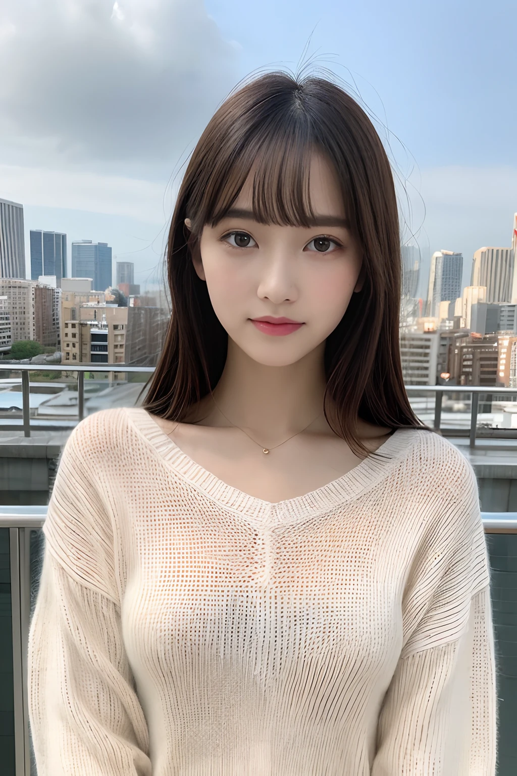 (Upper body photography)、(realisitic、Photorealsitic、ultra-detailliert、Highest Details Skins、top-quality、masterpiece、超A high resolution)、Cute Japan Woman、、hi-school girl、younggirl、Thin makeup、1 girl in、I have bangs、二重まぶた、drooing eyes、View here、Realistic skin type、white shirt、Sheer front button knitted sweater、Autumn cityscape