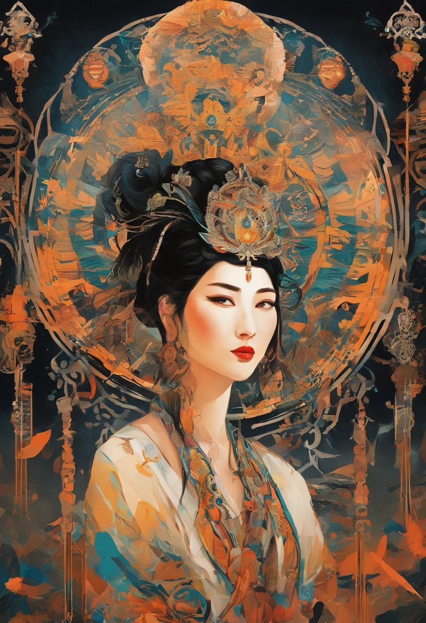 This image is a portrait of a unique woman，Her face is painted with colored paint，Adopted the Wolfensak 127mm F/4.7 ektar style。The picture is mainly light black and orange，Shows the style of solar punk，Incorporates elements of German art。Strong close-ups are seen in the painting，Presents epic fantasy scenes。ao mesmo tempo，The picture is also influenced by Zen Buddhism，It shows a restrained and deep atmosphere。The image of this woman is full of marginalized qualities，It shows her independence and eclecticism。The whole picture is full of imagination and creativity，It shows the viewer a mysterious and artistic atmosphere。