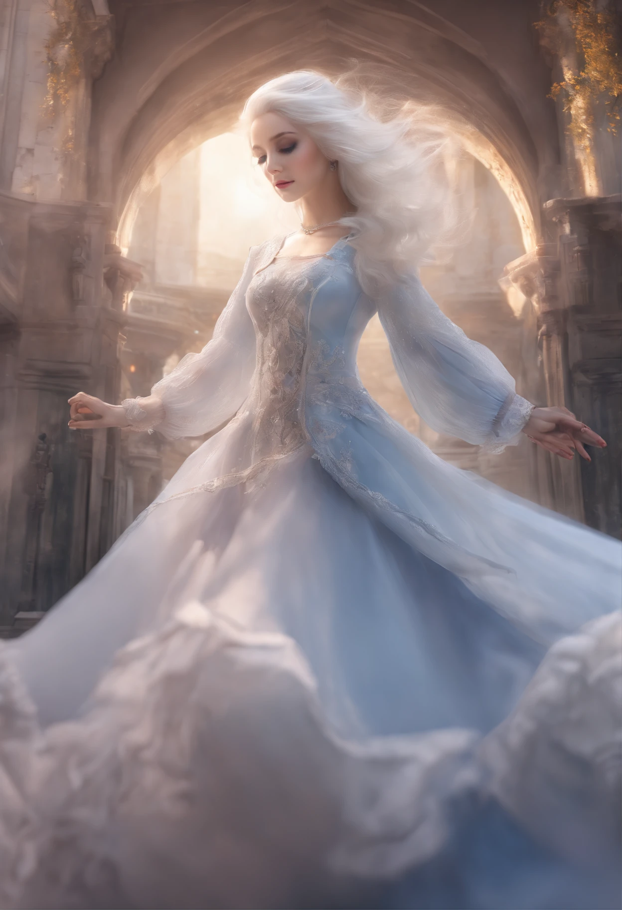 (1girll),Gothic,double tails,White hair, Organza lace,Gorgeous and fussy clothes,Gothic, Flying, Blue, (Colorful), Bold strokes, Gradient blending, Motion blur, Sparkling textures, Dynamic composition, Atmospheric perspective, impressionistic, , (Masterpiece), (Best quality), Amazing, (Beautiful detailed eyes), (finedetail), Depth of field, Extremely detailed CG, Original, extremelydetailedwallpaper, (Vivid colors), Cinematic lighting,  (Colorful), Blush,