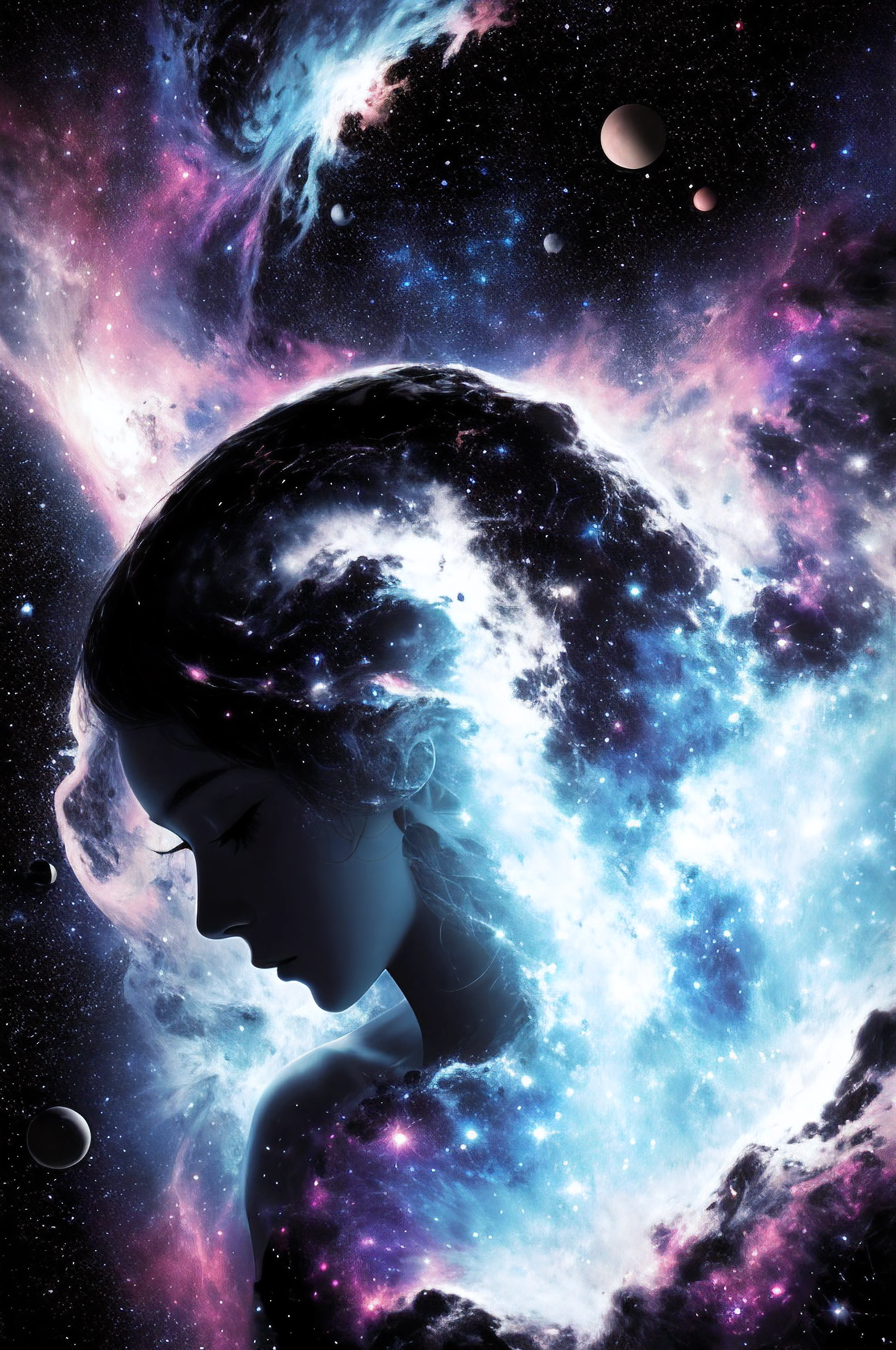 masterpiece, best quality, ultra high res, (abstract art:1.3), (dark theme:1.2), art, stylized, deep shadow, dark theme, 1girl, cosmic dress, cosmic beauty, in space, nebula