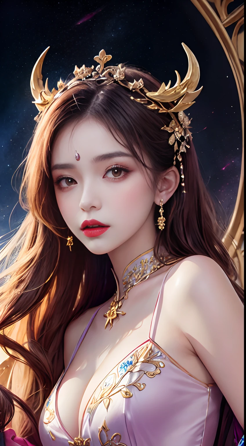1 27-year-old girl, 1 zodiac goddess from the future, goddess of the pink and purple 12 zodiacs, the goddess of the zodiac in a yellow ao dai, a 12 zodiac ao dai with many black lace detail, mythology Goddess of the 12 zodiacs from the future, zodiac ♏, luxurious glittering zodiac style, dark and mysterious version, zodiac crown, lipstick lips red, thin and beautiful lips, mouth closed, characters made by karol bak and pino daeni, intricate detail, detailed background, extremely detailed, light magic, a woman, clear face, hair long with bangs, beautiful face in detail and well-proportioned eyes, (transparent yellow eyes: 1.8), big round eyes and very beautiful and detailed makeup, foresight, silk dress, mysterious makeup , double bangs and dyed light blonde , upper half portrait, zodiac goddess portrait, arms hanging loosely, Realistic and vivid photo, (stars make up the zodiac: 1.7), (sky background zodiac and fictitious space and time portal: 1.8), fiction art, RAW photo, hanfu picture, best photo, best photo quality, 8k quality, 8k ultra, super realistic, real photo most economical, the goddess poses sexy and seductive,