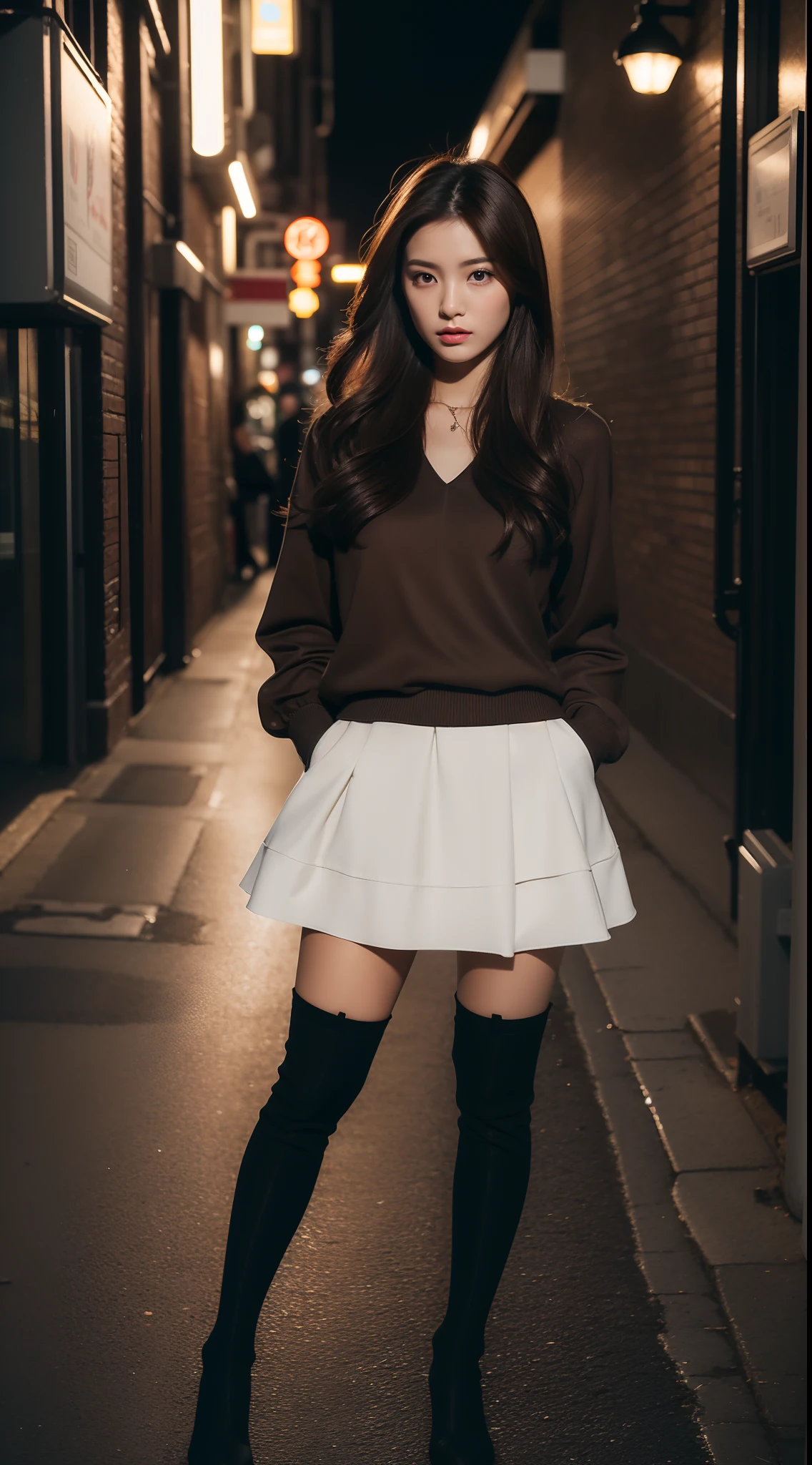 ((Realistic lighting, Best quality, 8K, Masterpiece: 1.3)), Clear focus: 1.2, 1girl, Perfect body beauty: 1.4, Slim abs: 1.1, ((dark brown hair)), (transparent white dress : 1.4), (Outdoor, night: 1.1), City Street, Super Fine Face, Fine Eyes, Double Eyelids, (Over the knee black stockings: 1.5)