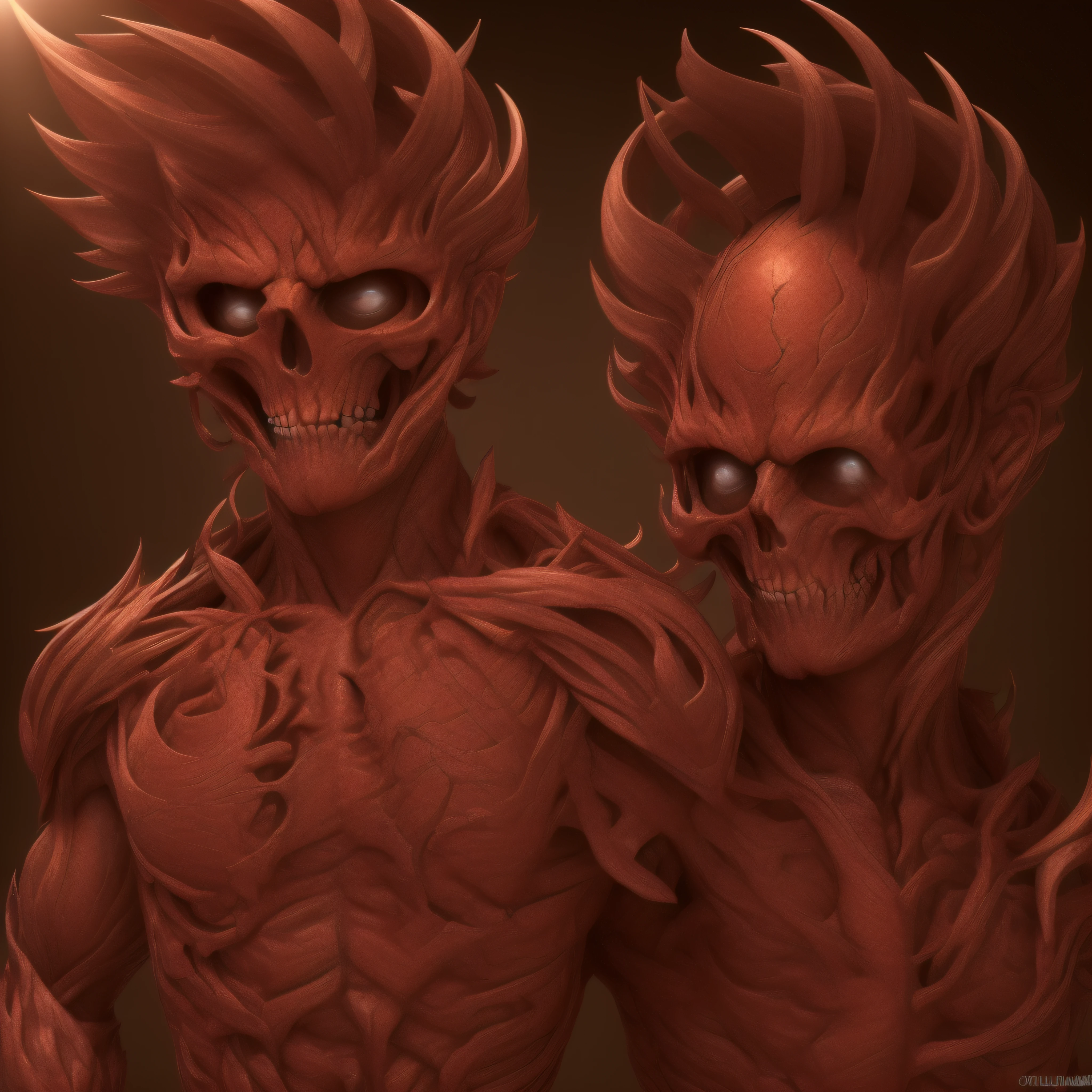 (extremadamente detallado, obra maestra, La mejor calidad, foto antigua, principios de siglo, 4K definition, ultra hd) demonio con muchos cuernos en la cabeza, sin ojos, sonriente, colmillos afilados, cuerpo rojo realista, humedo. garra afilada. Light Volumetric