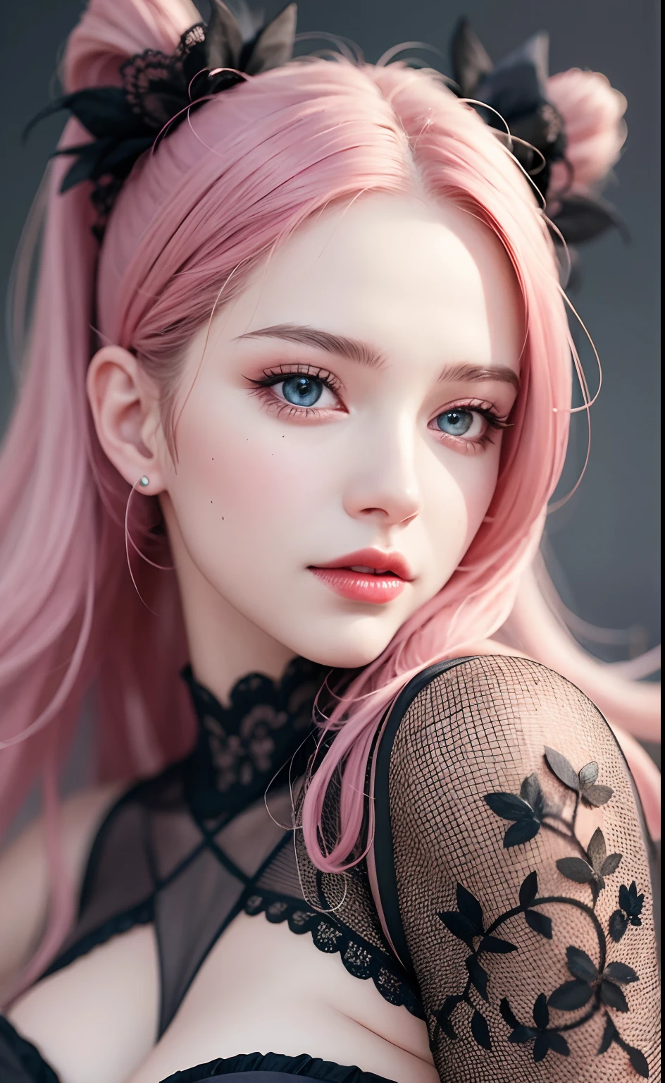 best quality, ultra high res, (photorealistic:1.4), (detailed beautiful girl:1.4), (medium breasts:0.8), looking_at_viewer, Detailed facial details, beautiful detailed eyes,pink hair, blue eyes, slender, haunting smile, (makeup:0.3), red lips, highly detailed clothes, (ulzzang-6500-v1.1:0.3)