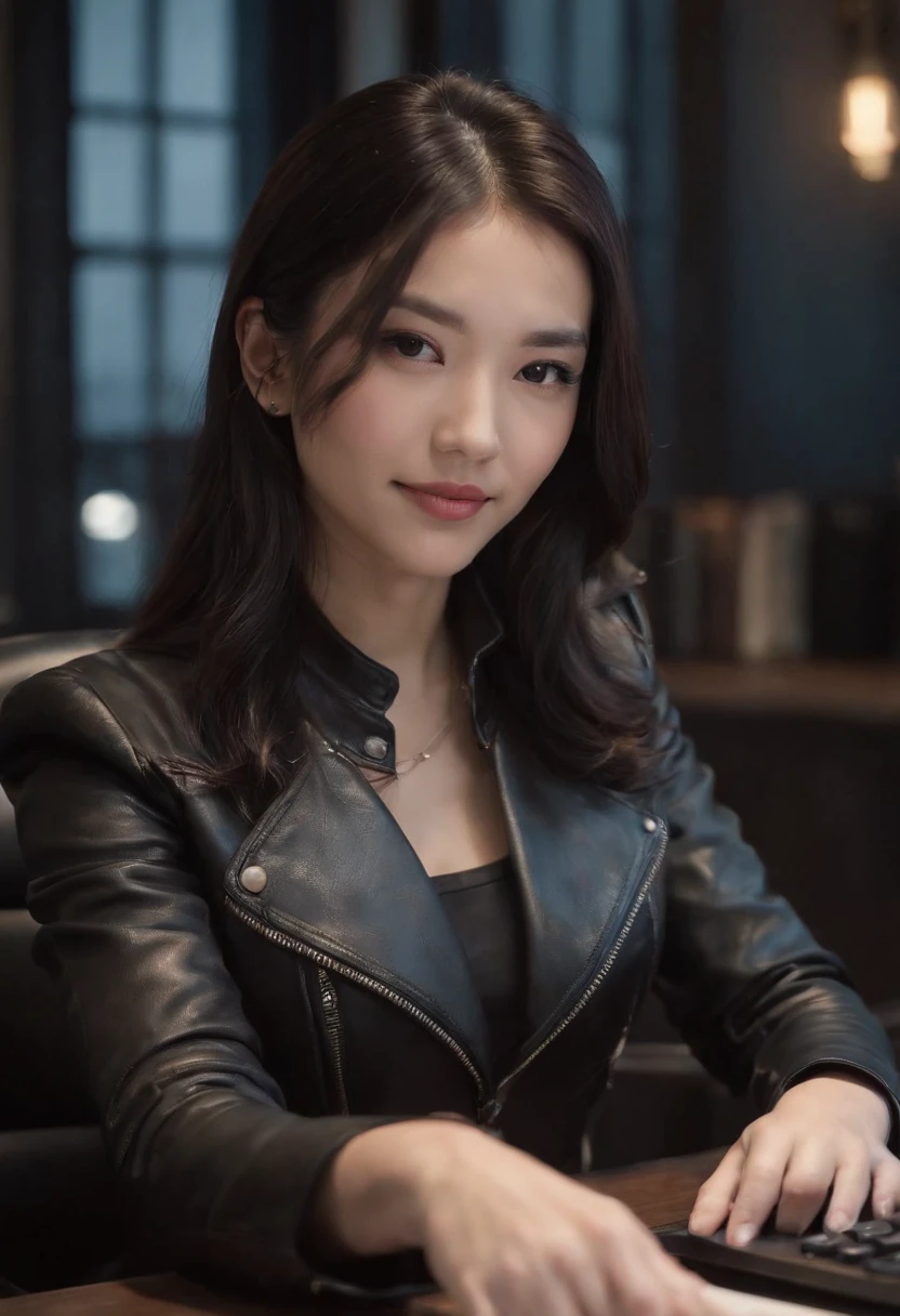 Wearing black leather gloves in both hands Upper body Black leather rider's jacket Necklace Facing the desk in the modern study in the dark, looking down and smiling, long straight black hair Young Japanese woman (black leather gloves cover both hands) Sitting on a chair with the fingers of black leather gloves and working on the computer