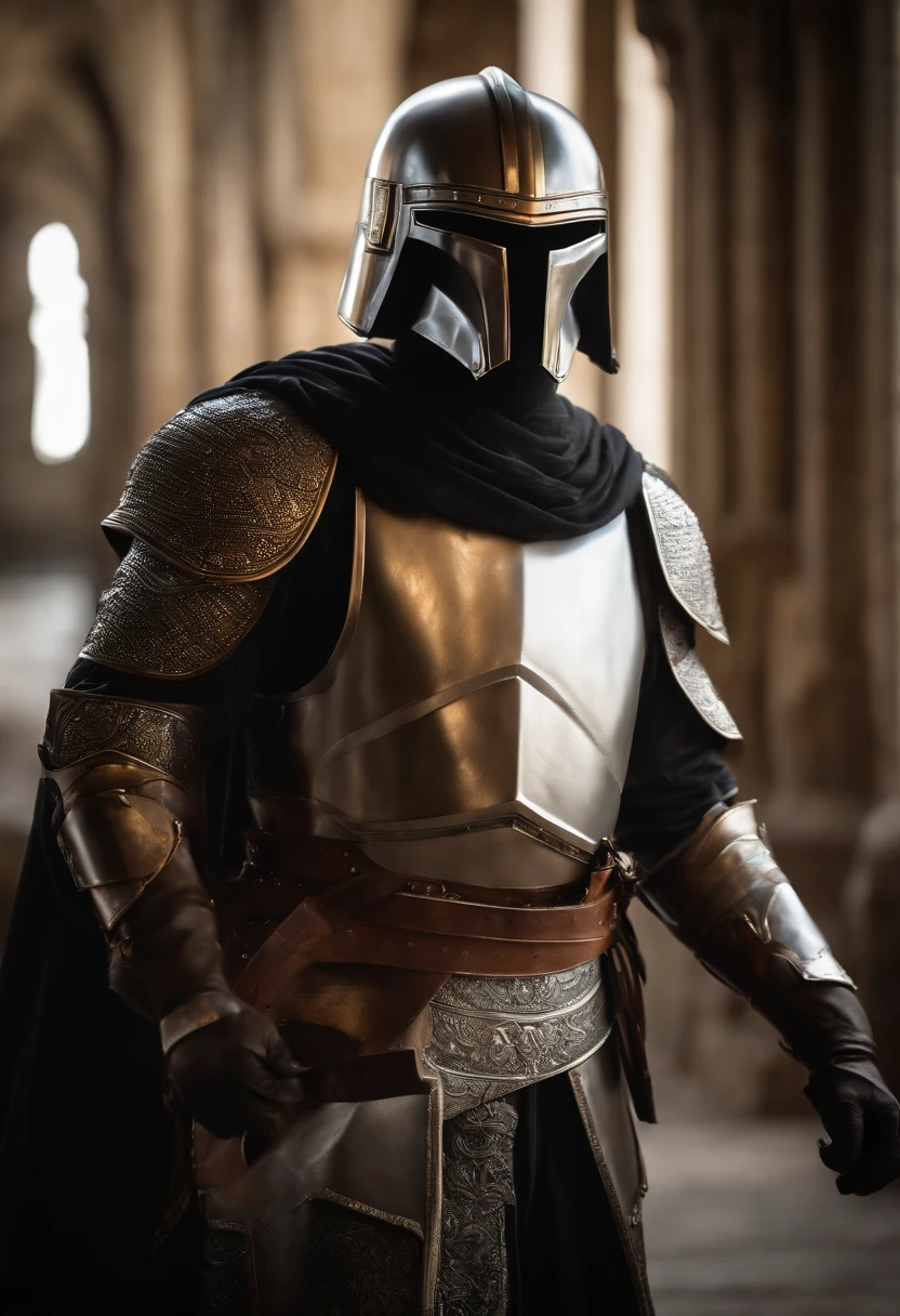 (melhor qualidade,4k,8k,Altas,master part:1.2),ultra-detalhado,(Realistic,fotorrealista,photo-realistic:1.37),medieval,armadura mandaloriana,armadura brilhante, guerreiro,rosto lindamente detalhado,sharp facial features,olhos expressivos,Determined expression,Macho,postura heroica,dramatic lighting,fundo aventureiro,paisagem de fantasia,atmosfera mal-humorada,vivid colors,Medieval inspiration,metal textures,Epic Battle,historical warrior,combate tradicional,cavaleiro corajoso,Valor,momento triunfante,perspectiva envolvente,Ancient relics,Stoic presence,ancient ruins,Mystical aura,aura poderosa,Esgrima,guerreiro habilidoso,gravuras de armadura,combate intenso,pose majestosa,detalhes ornamentados,pontaria,Authentic costumes,figura imponente,Legendary fighter,honra e Valor,brilho lustroso,atmosfera de pressentimento,timeless hero,Uncompromising spirit, Armadura Medieval, Capacate de Cavaleiro Europeu; Carregando dois sabres de luz do Kylo Ren, Dual Wielding, Dois sabres de luz vermelho brilhantes, sabres vermelhos brilhando flamejantes, pose com as duas espadas