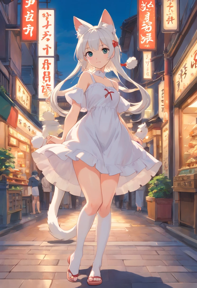 No shoes，Stand barefoot，Masterpiece，Extremely tall maiden，A giantess，Huge maiden，In the city，Full limbs，The face is delicate，White double ponytail，White eyes，White Lolita，Long-range shots，white stockings，There are cat ears on the head, white dresses， cute big breasts，Chopstick legs，Slender calves，Slender calves，High volume