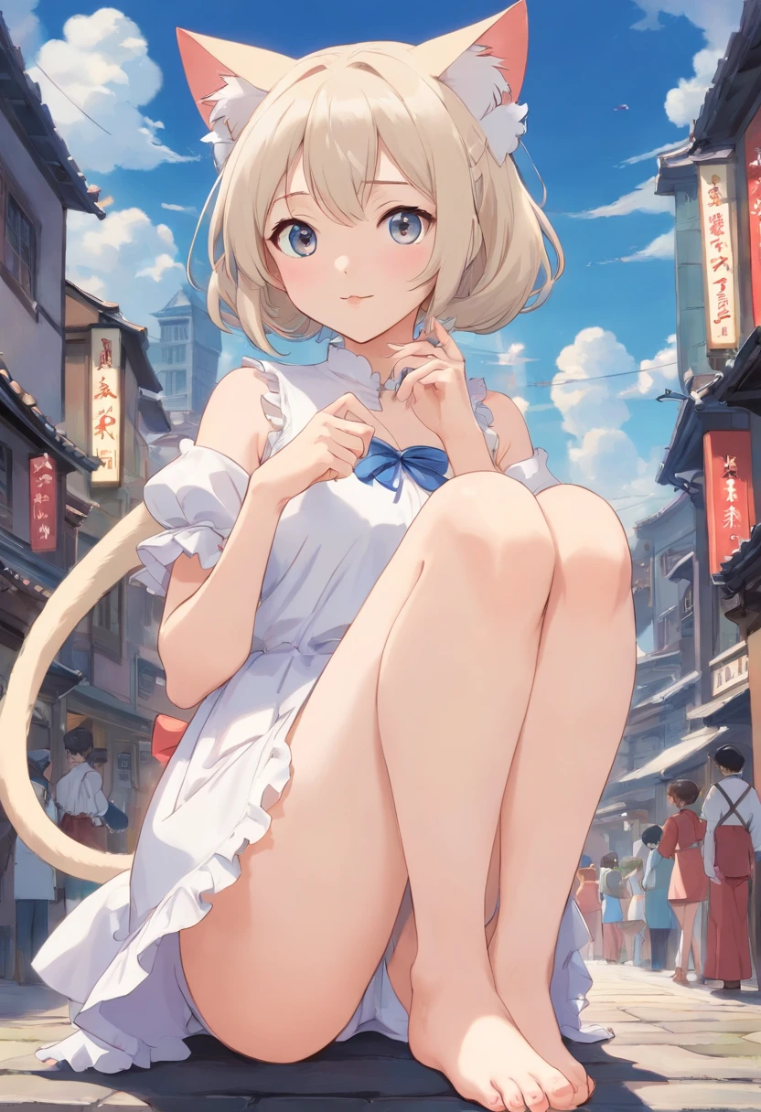 No shoes，Stand barefoot，Masterpiece，Extremely tall maiden，A giantess，Huge maiden，In the city，Full limbs，The face is delicate，White double ponytail，White eyes，White ta，Long-range shots，white stockings，There are cat ears on the head, white dresses， cute big breasts，Chopstick legs，Slender calves，Slender calves，High volume
