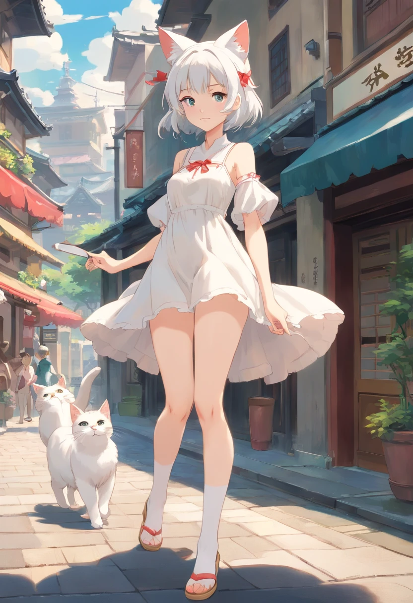 No shoes，Stand barefoot，Masterpiece，Extremely tall maiden，A giantess，Huge maiden，In the city，Full limbs，The face is delicate，White double ponytail，White eyes，White Lolita，Long-range shots，white stockings，There are cat ears on the head, white dresses， cute big breasts，Chopstick legs，Slender calves，Slender calves，High volume