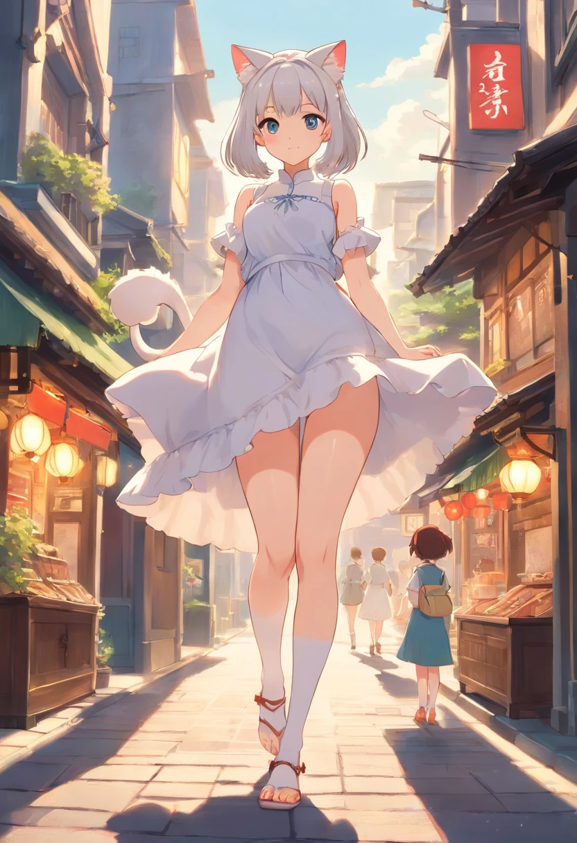 No shoes，Stand barefoot，Masterpiece，Extremely tall maiden，A giantess，Huge maiden，In the city，Full limbs，The face is delicate，White double ponytail，White eyes，White Lolita，Long-range shots，white stockings，There are cat ears on the head, white dresses， cute big breasts，Chopstick legs，Slender calves，Slender calves，High volume