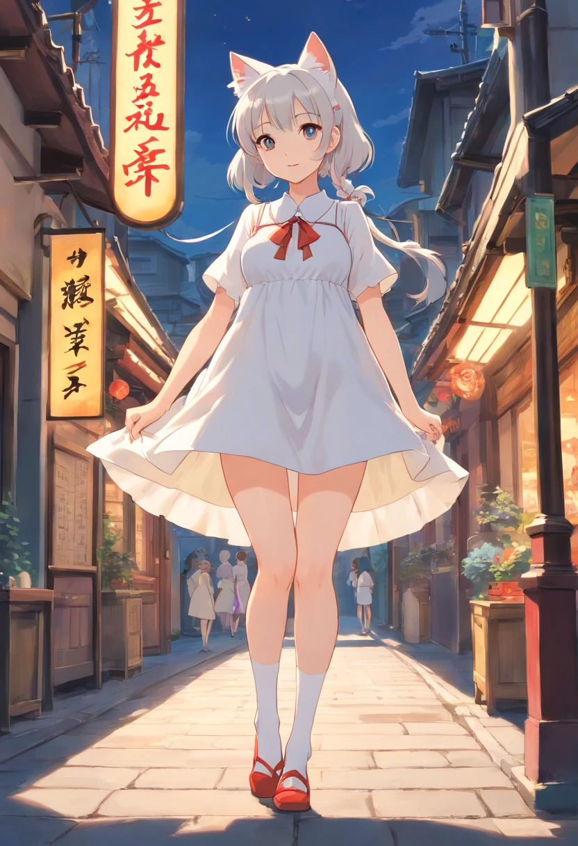 No shoes,Stand barefoot,Masterpiece,Extremely tall maiden,A giantess,Huge maiden,In the city,Full limbs,The face is delicate,White double ponytail,White eyes,White Lolita,Long-range shots,white stockings,There are cat ears on the head, white dresses, cute big breasts,Chopstick legs,Slender calves,Slender calves,High volume