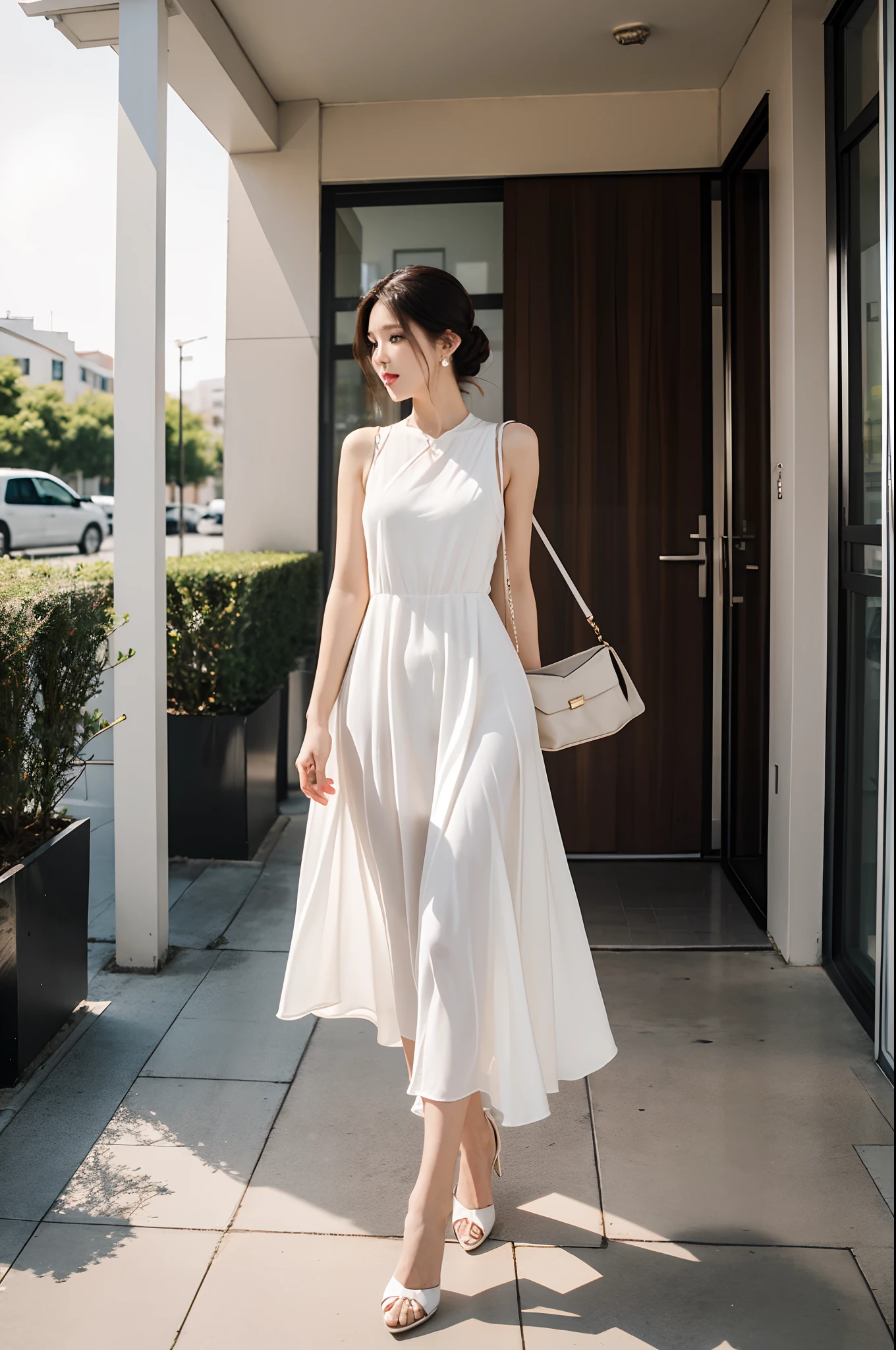 In front of the apartment、Woman in white dress、White High Heels、White Accessories、A dark-haired、Beige handbags