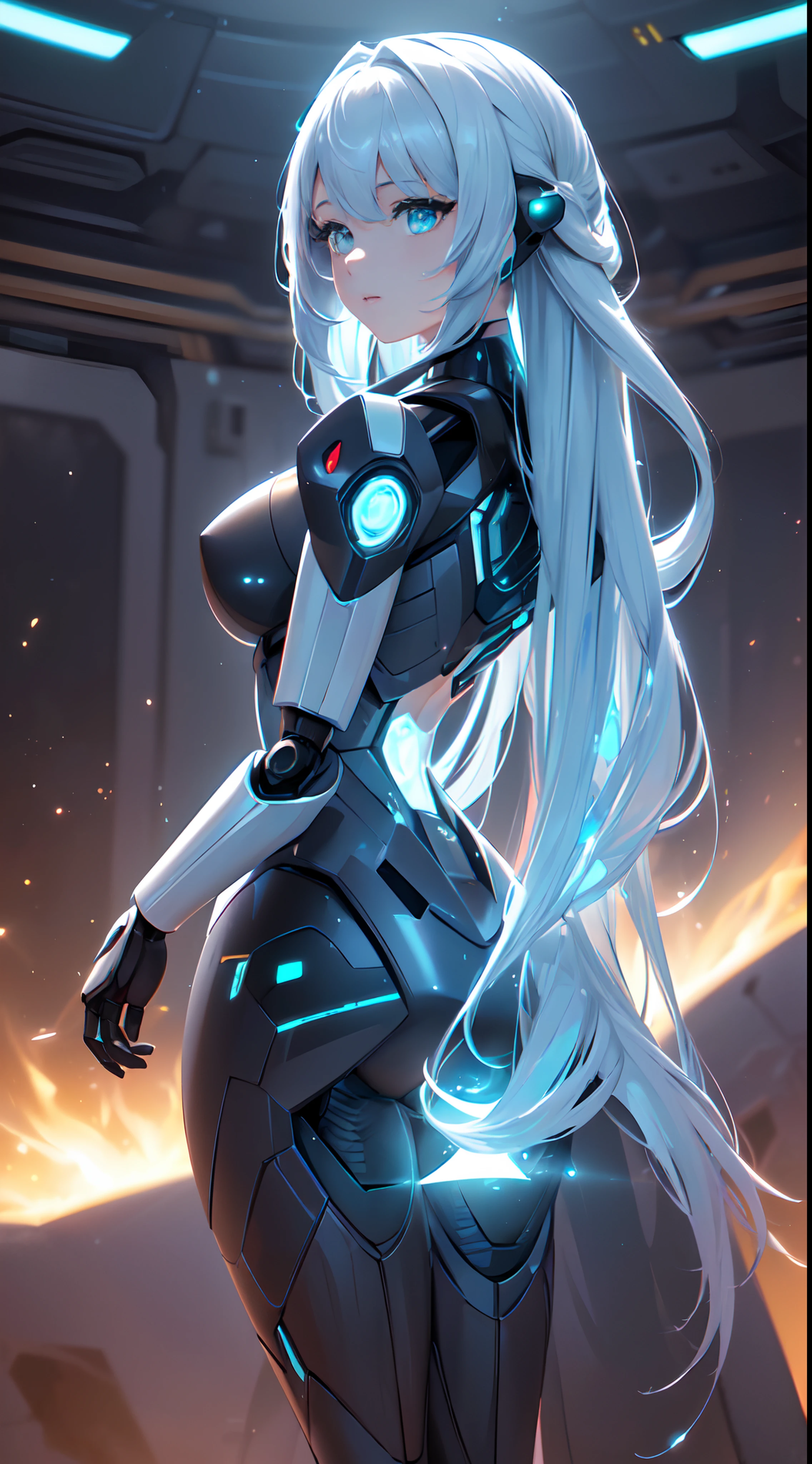 motor irreal:1.4,UHD,La mejor calidad:1.4, fotorrealista:1.4, textura de la piel:1.4, obra maestra:1.8,((Beautiful robot woman Vividly colored digital image of a symmetrical young and ethereally beautiful face with icy blue long hair and eyes reflecting the galaxy., With an elegant futuristic dress that shines with holographic light reflections, De pie frente a un elegante, Glowing portal emitting fog and glowing particles,( It's inside a high-tech lab full of screens and shiny equipment...), Rendered in a stunning sci-fi anime art style with cinematic lighting, intricate linework, and a beautiful structure of atmospheric glow effects )),(robot:1.4),Luz de fondo naranja:1.4,