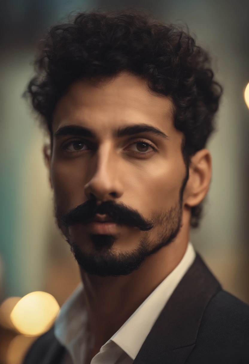 man with a beautiful slim body, black curly hair, mustache, big wide nose, goatee, hairy body, short shaved side hair