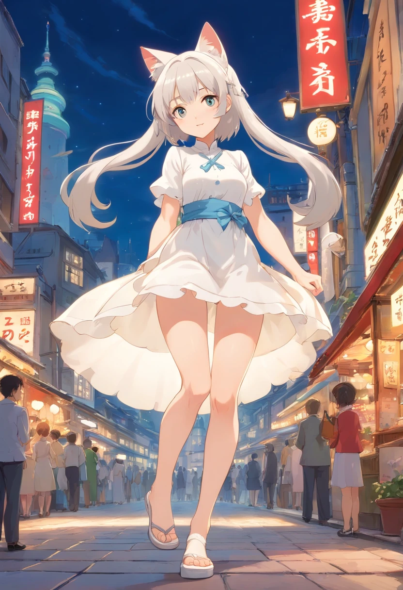 No shoes，Stand barefoot，Masterpiece，Extremely tall maiden，A giantess，Huge maiden，In the city，Full limbs，The face is delicate，White double ponytail，White eyes，White Lolita，Long-range shots，white stockings，There are cat ears on the head, white dresses， cute big breasts，Chopstick legs，Slender calves，Slender calves，High volume