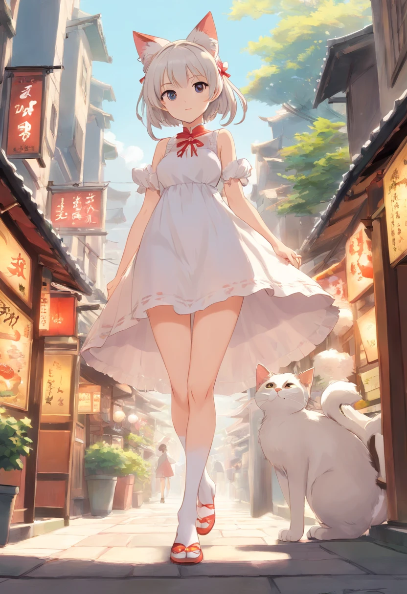 No shoes，Stand barefoot，Masterpiece，Extremely tall maiden，A giantess，Huge maiden，In the city，Full limbs，The face is delicate，White double ponytail，White eyes，White Lolita，Long-range shots，white stockings，There are cat ears on the head, white dresses， cute big breasts，Chopstick legs，Slender calves，Slender calves，High volume