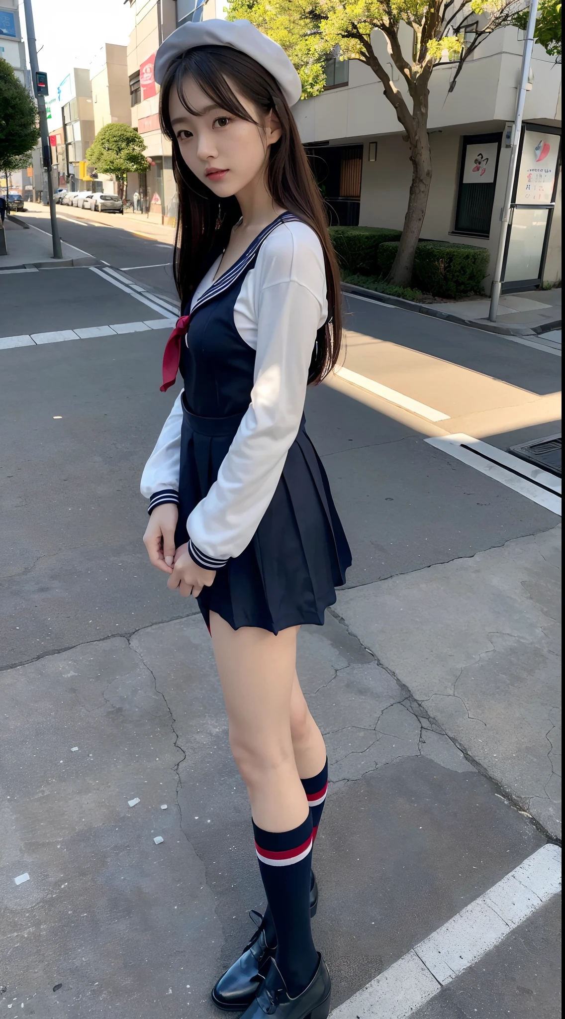mix4, (16 K, Raw photography, Top image quality, ​masterpiece: 1.45), (realisitic, Photorealsitic: 1.37), one girls, 7．5, etc、Random hairstyle、Standing figure，Noon time slot、cute little, A city scape,, profetional lighting, photon maping, Cityscape with street trees, physically-based renderingt, Gradient dark brown hair,, a handsome, Well-groomed and beautiful eyes、Large double eyelids、Very shiny、girl with, (((student clothes、Long sleeve sailor suit worn by Japan girl、red cuffs、Dark blue mini skirt, Small gray beret、Dark blue knee-high socks、Black loafers))), Top Quality Photos, hight resolution, 1080p, (clearface), (Detailed face description), (Detailed hand description), (​masterpiece), (Exquisite CG)、extreme light and shadows、dishevled hair、master work、abundant detail、(Fine facial features)、(top quality photo)、(masuter piece)、(A detailed eye)、Look in front of you、Fine clavicle、((Slender big))、(((Japan schooln long-sleeved sailor suit)))、((Ready Idol System))、((Boulevard with street trees、Roads at the scramble intersection))、(Shooting from random perspectives)、(((Anyway cute)))、耳Nipple Ring、A big smile、Drawing the whole body from the knees、Do not draw nasolabial folds、(((Long-sleeved sailor suit)))、(Big breasts that hang down big:1.3)、Big buttocks with tension、Two arms and two legs、(((from the front side:0.5)))、bare hand、No mask