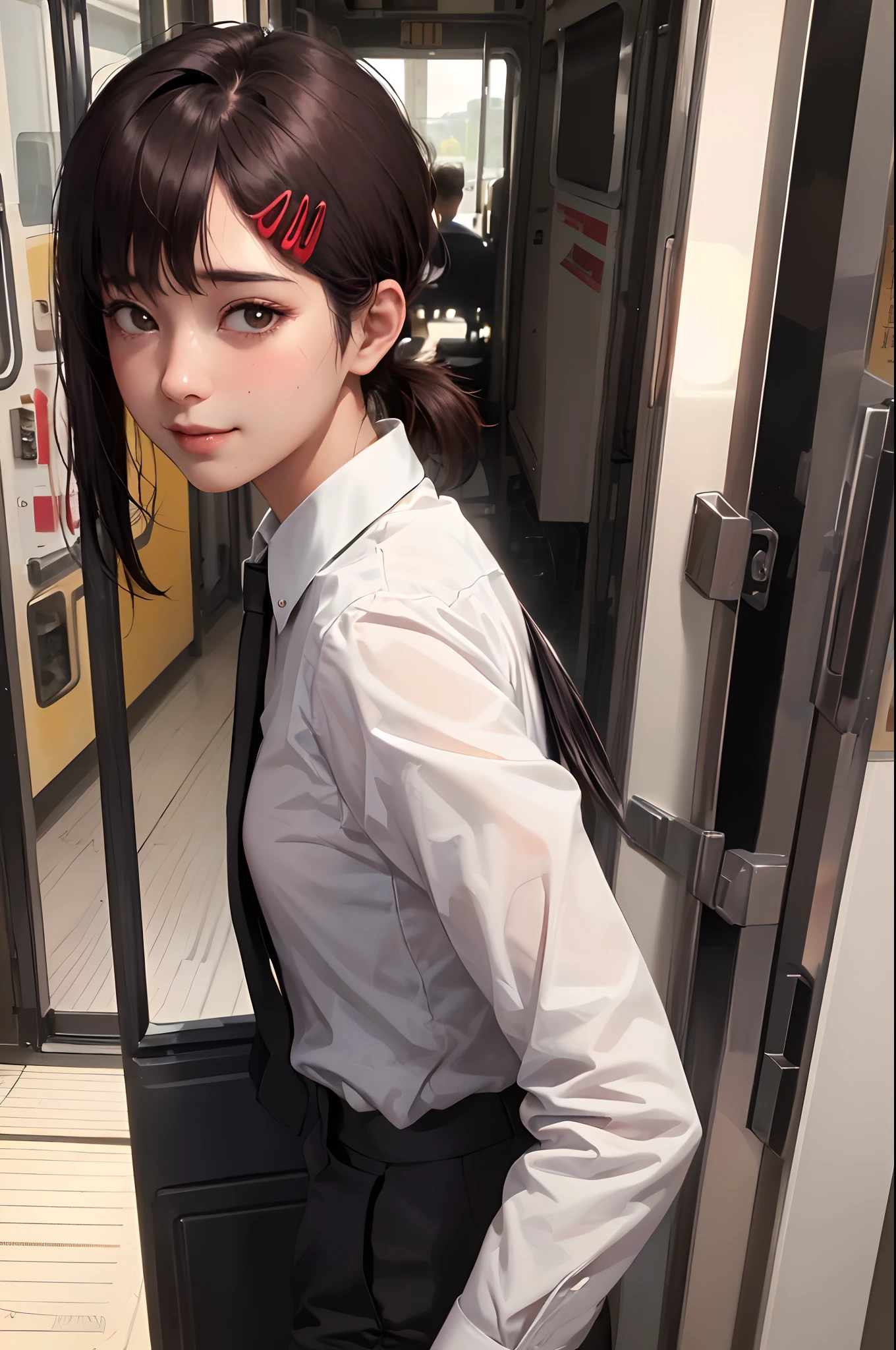 masterpiece, best quality, ultra-detailed, illustration, epic lighting, cinematic composition, isometric, 1girl, solo, cute, brown eyes, black hair, swept bangs, single sidelock, red hairclip, white collared shirt, black necktie, black pants, formal, enchanting gaze, captivating pose, inside train, crowd of people on background, door, opening door, looking at viewer, peeking out upper body, blush, seductive smile, closed mouth,(8k:1.1),