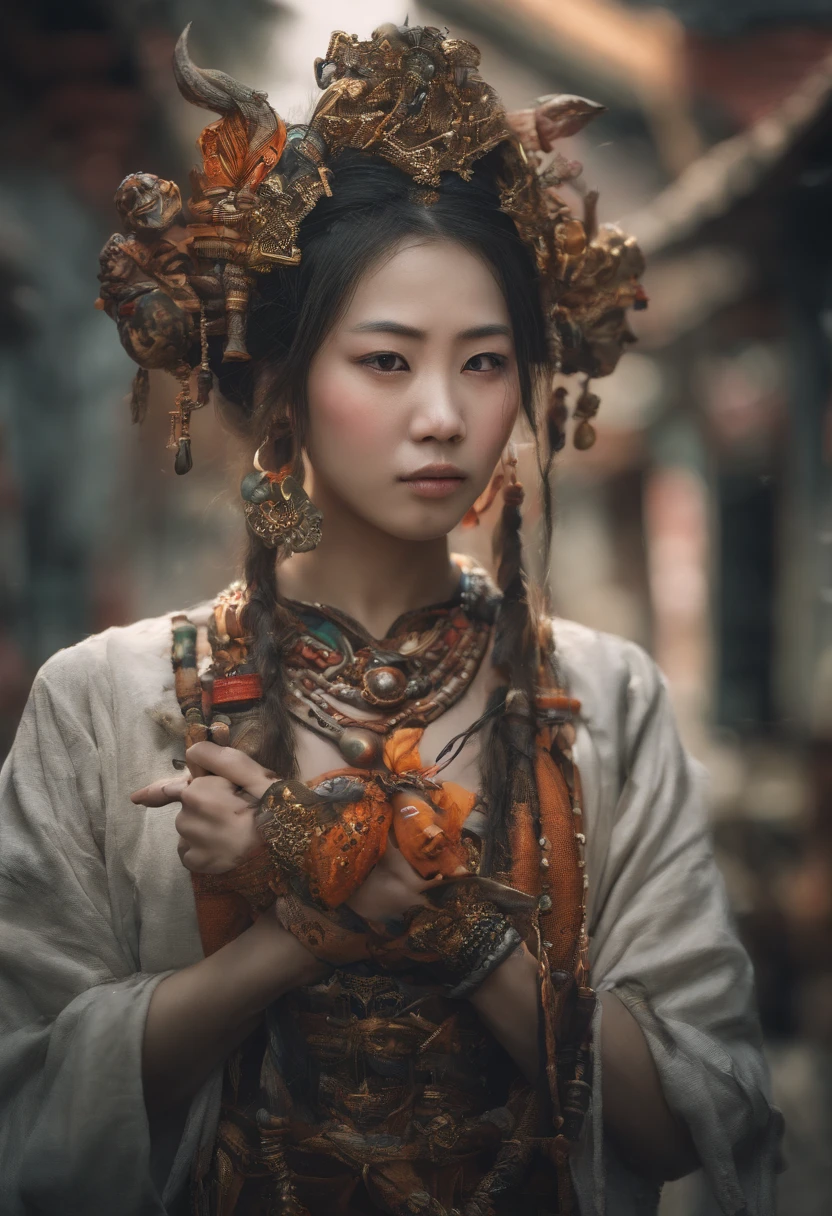 This image is a portrait of a unique woman，Her face is painted with colored paint，Adopted the Wolfensak 127mm F/4.7 ektar style。The picture is mainly light black and orange，Shows the style of solar punk，Incorporates elements of German art。Strong close-ups are seen in the painting，Presents epic fantasy scenes。ao mesmo tempo，The picture is also influenced by Zen Buddhism，It shows a restrained and deep atmosphere。The image of this woman is full of marginalized qualities，It shows her independence and eclecticism。The whole picture is full of imagination and creativity，It shows the viewer a mysterious and artistic atmosphere。