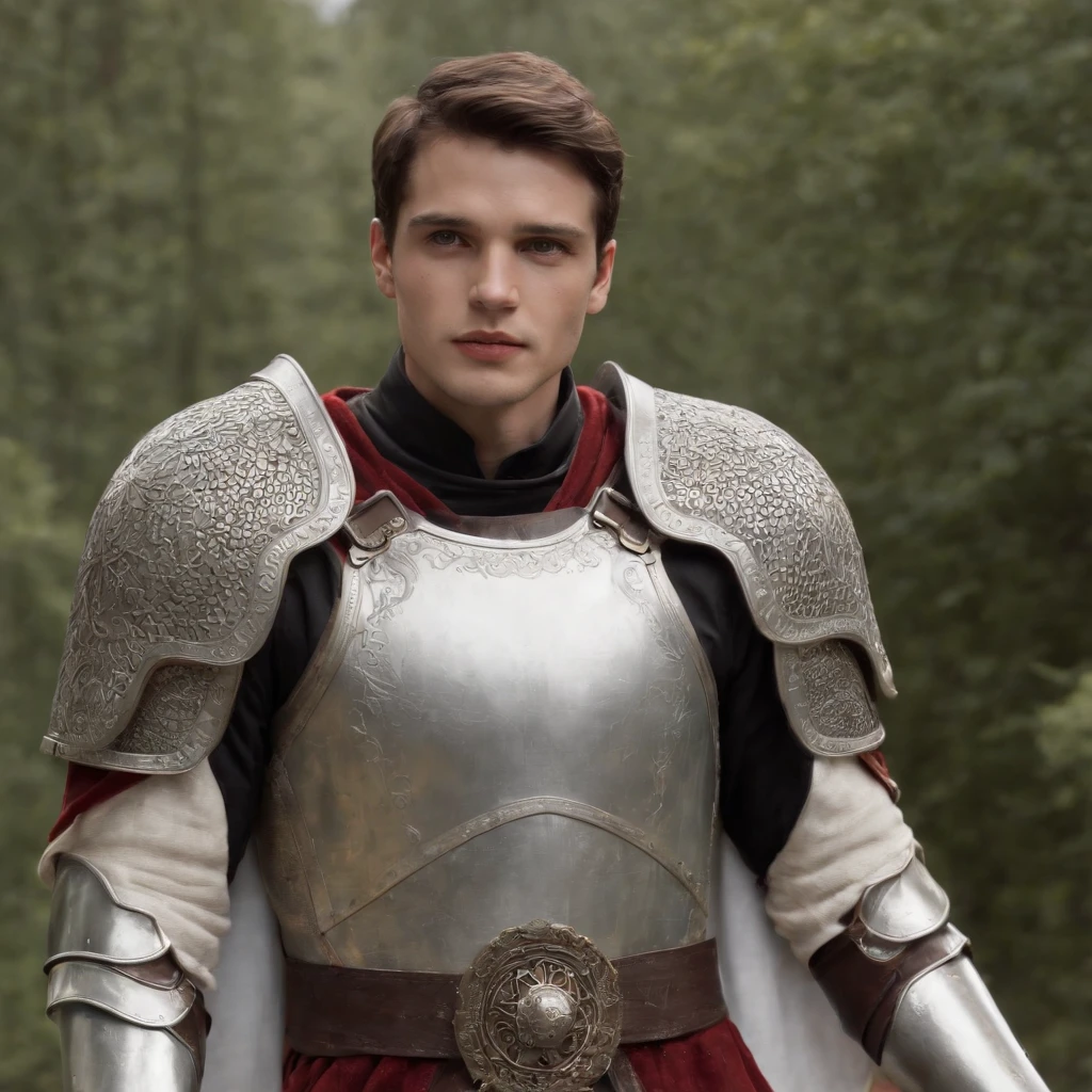 There is a man standing in front of a wooden bench, Inspired by Nathan Oliveira, Half shot from Hunky, Caio Santos, maxwell boas, he is! about 3 0 , with mountains in the background, Inspired by Julius Jacoby, Brandon, with mountains in the background, Casual Poses.{"Description": "Depicts a young man in armor in a medieval mold, Without helmet, Show your face. Your eyes should emit a strong light of red color, The combination of futuristic and cybernetic aesthetics. He must be wearing a white robe that wraps his costume. Use realistic templates to create high-quality images. The boy must be surrounded by a burning environment, Create dramatic and impactful scenarios.", "Style": "Realistic", "quality": "high", "element in": {"armor_Style": "Middle Ages with futuristic and cybernetic elements", "Face_expression": "Determined", "eye_light_Color": "bright red", "cloaks_Color": "white", "environment": "Burning flames", "environment_Style": "Dramatic and impactful"}}