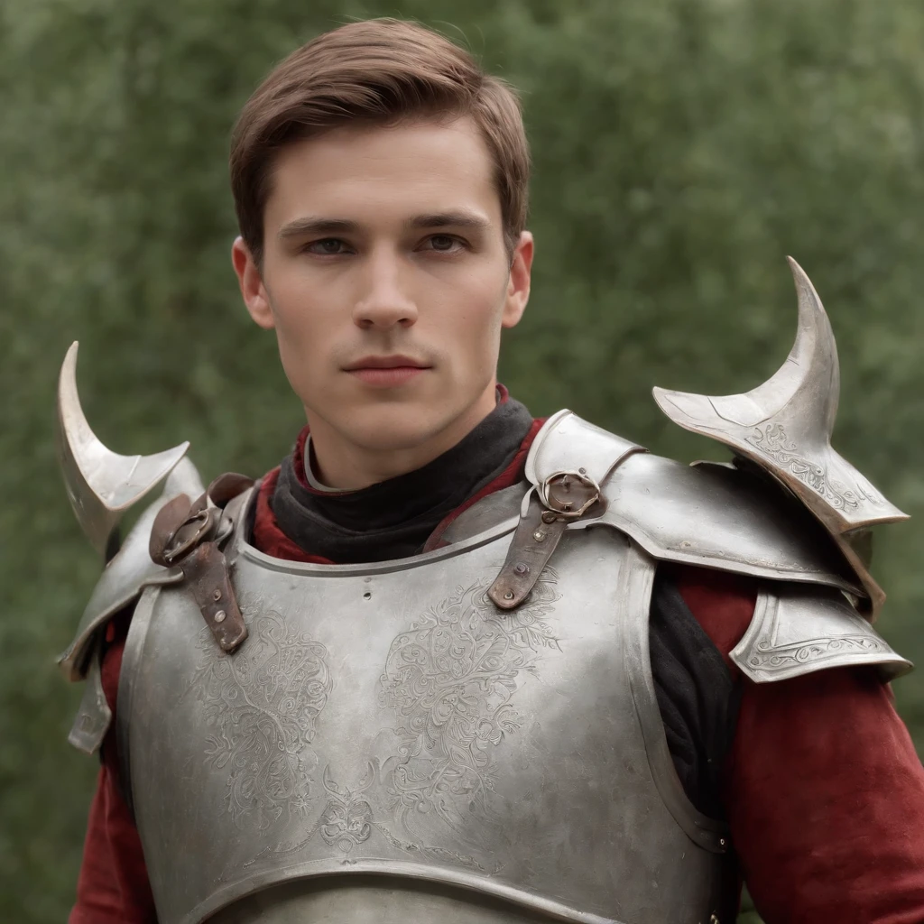 There is a man standing in front of a wooden bench, Inspired by Nathan Oliveira, Half shot from Hunky, Caio Santos, maxwell boas, he is! about 3 0 years old, with mountains in the background, Inspired by Julius Jacoby, Brandon, with mountains in the background, Casual Poses.{"Description": "Depicts a young man in armor in a medieval mold, Without helmet, Show your face. Your eyes should emit a strong light of red color, The combination of futuristic and cybernetic aesthetics. He must be wearing a white robe that wraps his costume. Use realistic templates to create high-quality images. The boy must be surrounded by a burning environment, Create dramatic and impactful scenarios.", "Style": "Realistic", "quality": "high", "element in": {"armor_Style": "Middle Ages with futuristic and cybernetic elements", "Face_expression": "Determined", "eye_light_Color": "bright red", "cloaks_Color": "white", "environment": "Burning flames", "environment_Style": "Dramatic and impactful"}}
