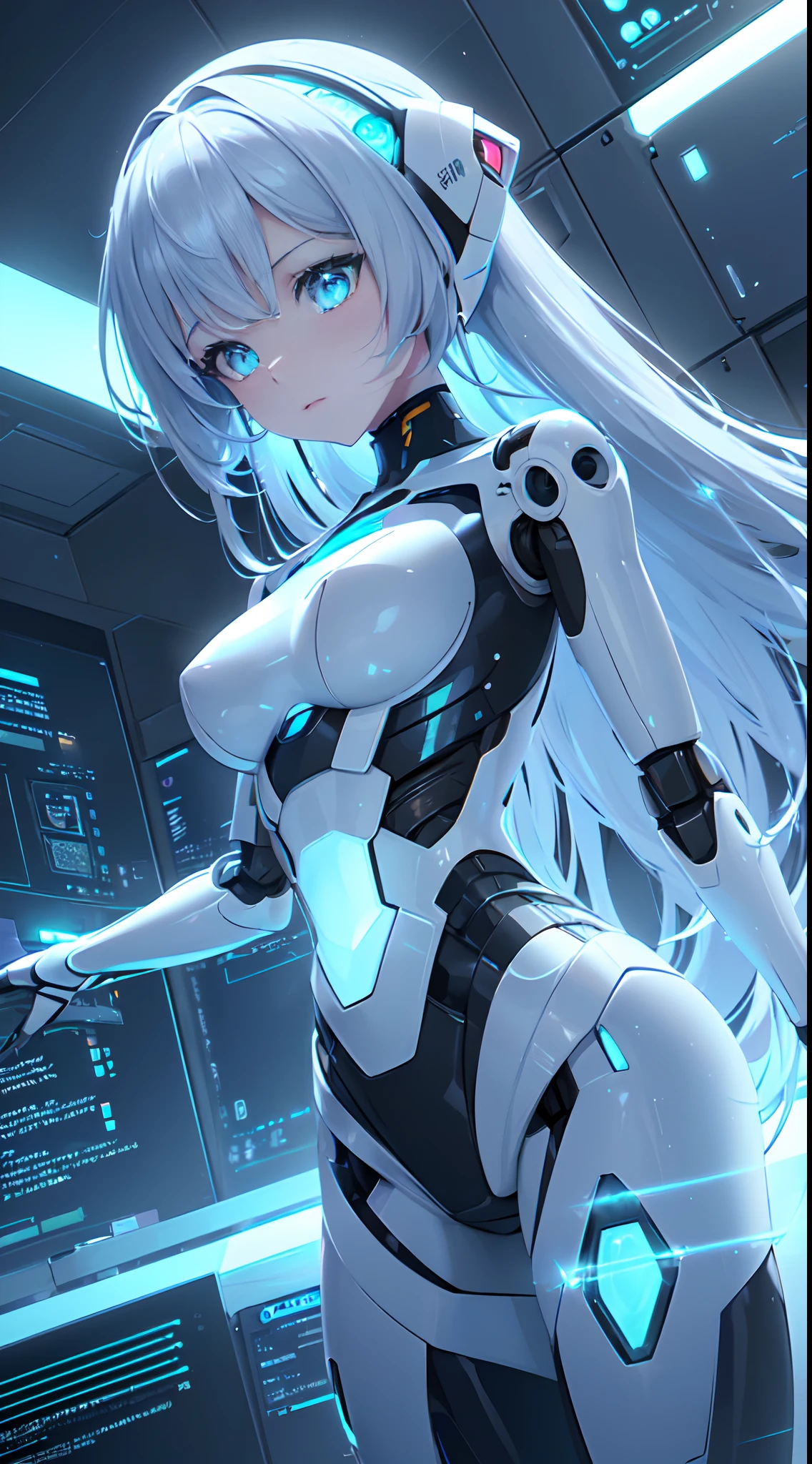 motor irreal:1.4,UHD,La mejor calidad:1.4, fotorrealista:1.4, textura de la piel:1.4, obra maestra:1.8,((Beautiful robot woman Vividly colored digital image of a symmetrical young and ethereally beautiful face with icy blue long hair and eyes reflecting the galaxy., With an elegant futuristic dress that shines with holographic light reflections, De pie frente a un elegante, Glowing portal emitting fog and glowing particles,( It's inside a high-tech lab full of screens and shiny equipment....), Rendered in a stunning sci-fi anime art style with cinematic lighting, intricate linework, and a beautiful structure of atmospheric glow effects )),(robot:1.4),Luz de fondo naranja:1.4,