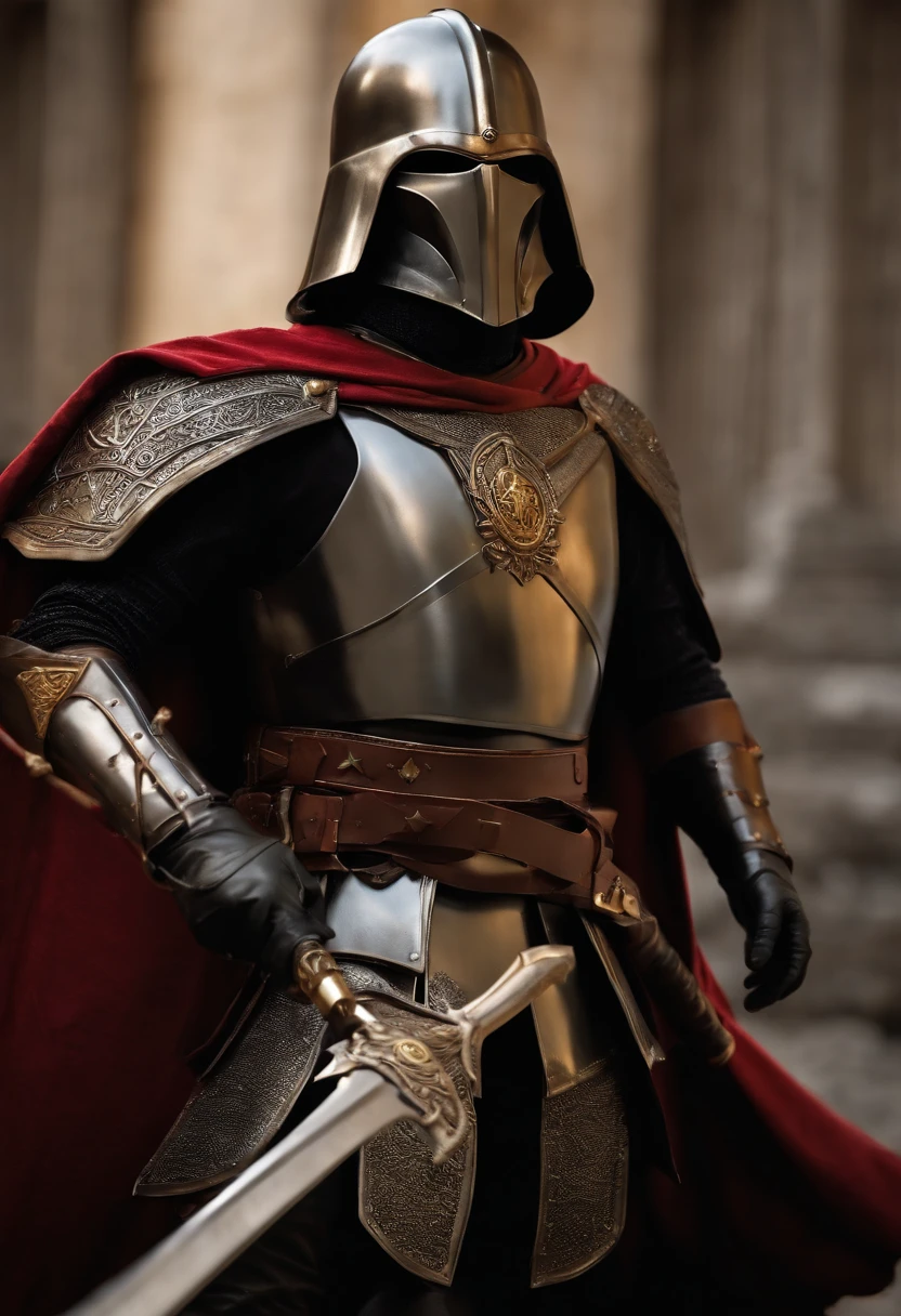 (melhor qualidade,4k,8k,Alto,master part:1.2),ultra-detalhado,(Realistic,fotorrealista,photo-realistic:1.37),medieval,Armadura Mandaloriana,armadura brilhante, guerreiro,rosto lindamente detalhado,sharp facial features,olhos expressivos,Determined expression,macho,Postura heroica,dramatic lighting,fundo aventureiro,paisagem de fantasia,atmosfera mal-humorada,vivid colors,Medieval inspiration,metal textures,Epic Battle,historical warrior,Combate tradicional,cavaleiro corajoso,Valor,Momento triunfante,perspectiva envolvente,Ancient relics,Stoic presence,ancient ruins,Mystical aura,Aura poderosa,Esgrima,guerreiro habilidoso,gravuras de armadura,Combate intenso,pose majestosa,detalhes ornamentados,pontaria,authentic costumes,figura imponente,Legendary fighter,honra e Valor,brilho lustroso,atmosfera de pressentimento,timeless hero,Uncompromising spirit, Armadura medieval, Capacate de Cavaleiro Europeu; Carregando dois sabres de luz do Kylo Ren, dupla empunhadura, Dois sabres de luz vermelho brilhantes, sabres vermelhos brilhando flamejantes, pose com as duas espadas
