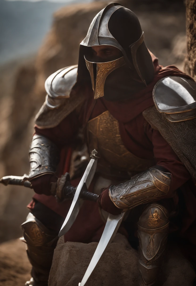 (melhor qualidade,4k,8k,Alto,master part:1.2),ultra-detalhado,(Realistic,fotorrealista,photo-realistic:1.37),medieval,Armadura Mandaloriana,armadura brilhante, guerreiro,rosto lindamente detalhado,sharp facial features,olhos expressivos,Determined expression,macho,Postura heroica,dramatic lighting,fundo aventureiro,paisagem de fantasia,atmosfera mal-humorada,vivid colors,Medieval inspiration,metal textures,Epic Battle,historical warrior,Combate tradicional,cavaleiro corajoso,Valor,Momento triunfante,perspectiva envolvente,Ancient relics,Stoic presence,ancient ruins,Mystical aura,Aura poderosa,Esgrima,guerreiro habilidoso,gravuras de armadura,Combate intenso,pose majestosa,detalhes ornamentados,pontaria,authentic costumes,figura imponente,Legendary fighter,honra e Valor,brilho lustroso,atmosfera de pressentimento,timeless hero,Uncompromising spirit, Armadura medieval, Capacate de Cavaleiro Europeu; Carregando dois sabres de luz do Kylo Ren, dupla empunhadura, Dois sabres de luz vermelho brilhantes, sabres vermelhos brilhando flamejantes, pose com as duas espadas