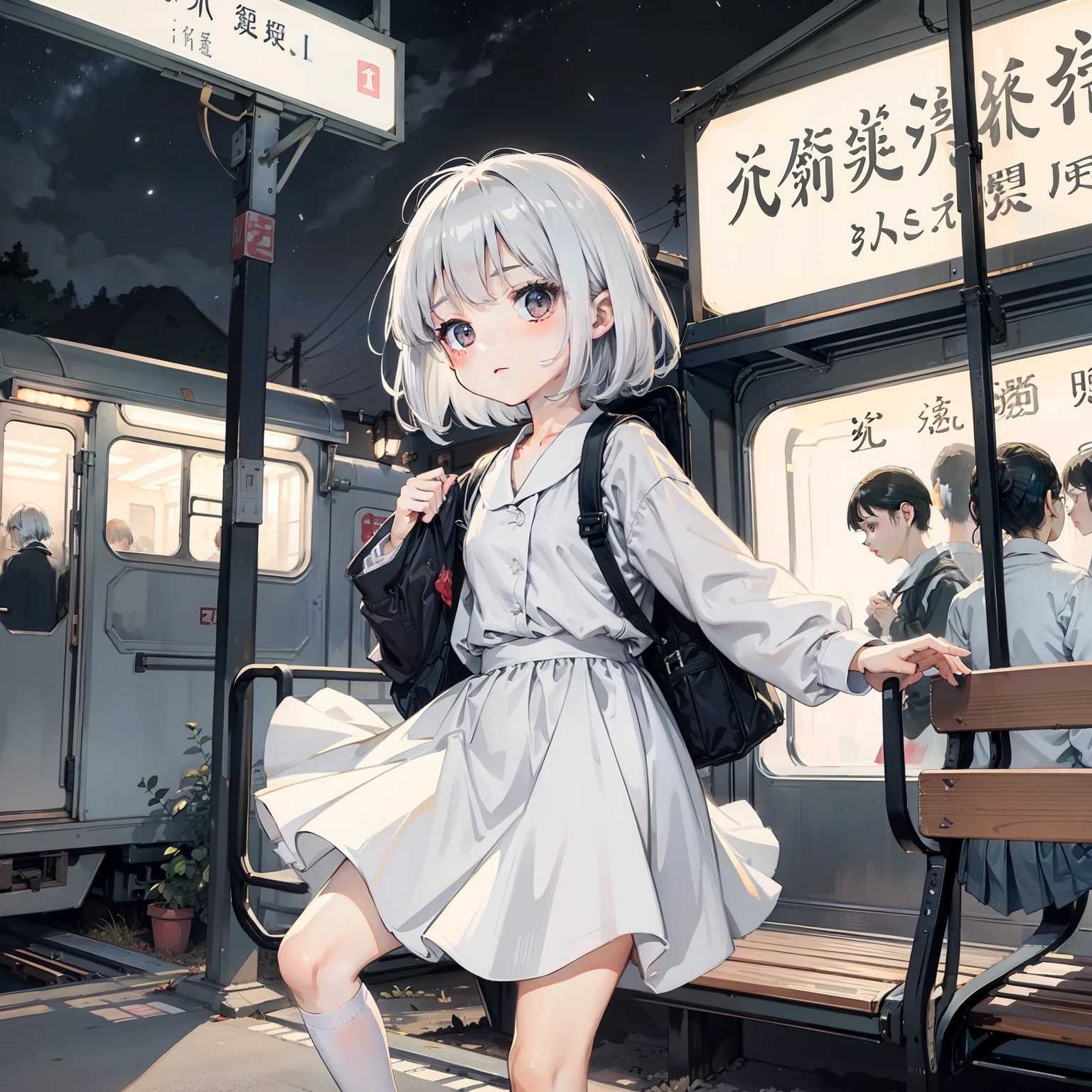 Girl standing on a train, dress, Silver dress, (Clothing that exposes:1.3), scenery, Best quality, 超高分辨率,Watercolor illustration, Perfect anatomy, Masterpiece, Best quality, 1girll, Loli,, Solo, (with short white hair:1.2), Elementary school Nature, during night, landscape
