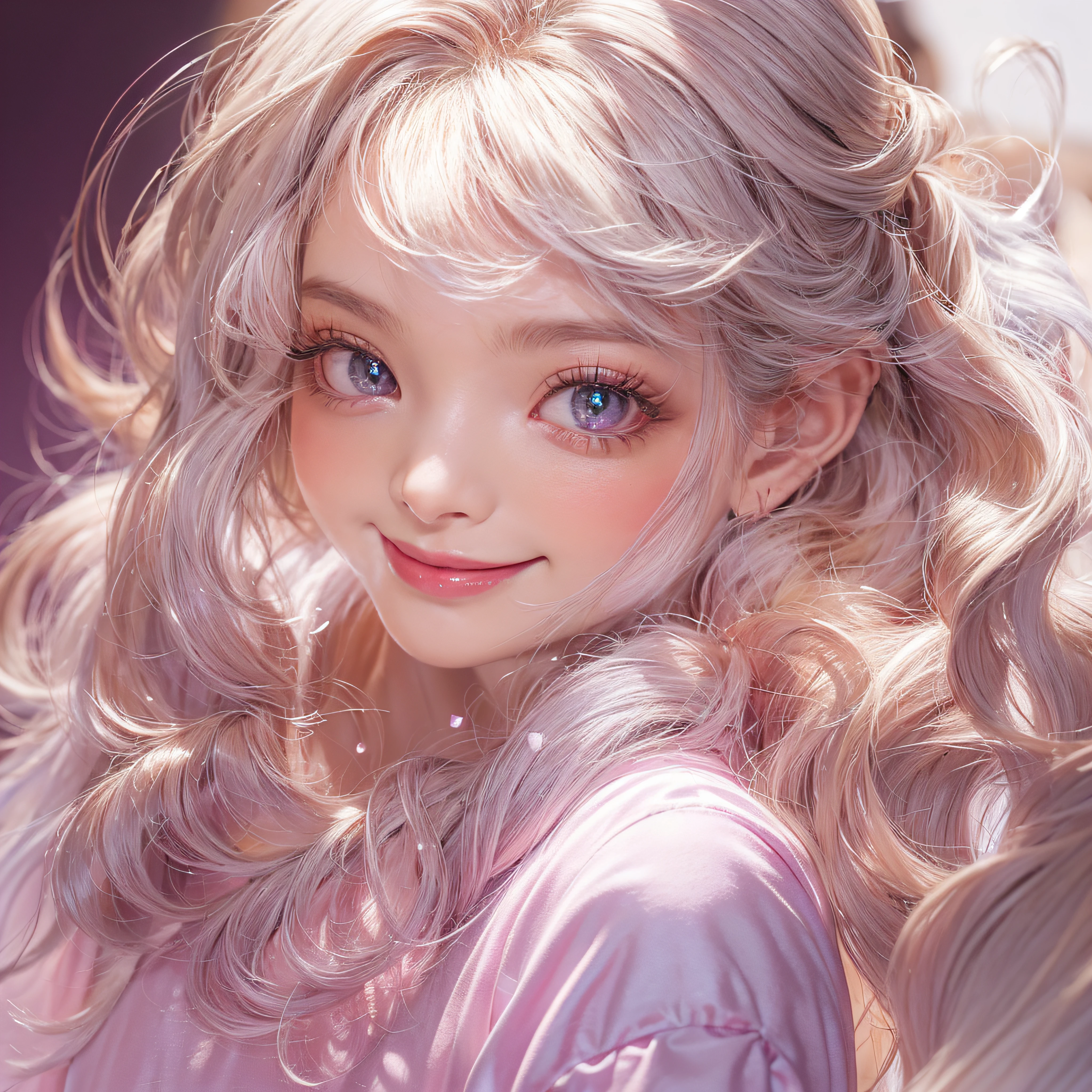 close-up of the smile face、super model、makeup、Glossy lips、Shining eyes、(realisitic、hight resolution)、(1 girl in)、Do-Up Eye、Korean Girl、(Best Quality), (masutepiece), (1girl in), Solo, a beauty girl, Perfect face, dreamlikeart、Highly detailed airbrush art((Surreal))、Volumetric lighting、(top-quality)、The ultra-detailliert、Highly detailed colorful details、(Bright lighting)、dynamic compositions、Ray traching、The mirror reflects light、Shallow depth of field、ultra-detailliert、mixing exposure、nffsw、Her eyes are glowing pink、Pink glowing heart on background